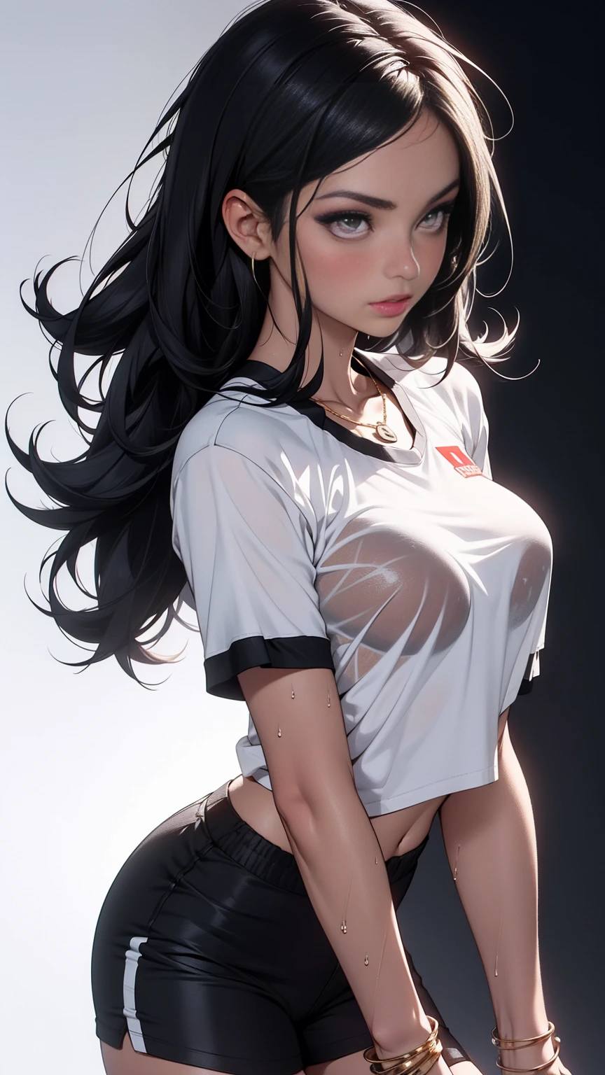 girl in summer clothes, white t-shirt, black leggins, making as if she wants to kiss you, (girl bending down looking at camera), medium breasts, cleavage, random background, flirtatious look, ((very detailed)), (perfectly detailed face), (well detailed hand) photorealistic image.