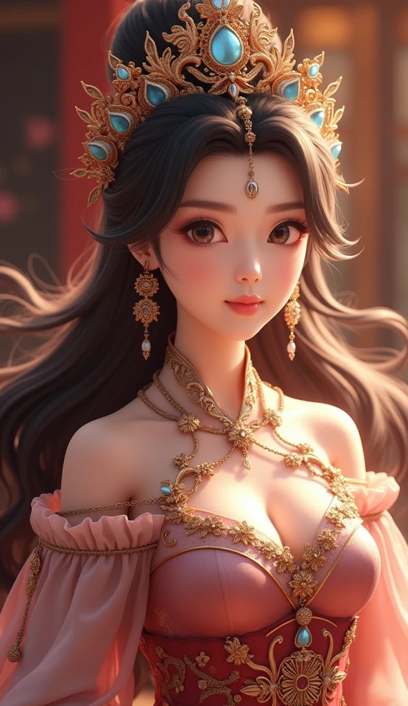最high quality, masterpiece, High resolution, One girl, transparent silk china dress, Beautiful Face, hair ornaments, View your viewers, smile, Mouth closed,lips, dress,hair ornaments, necklace, jewelry, Long Hair, Earrings, Beautiful Face,On top of that_body, Tyndall effect,Realistic, Dark studio, Rim Light, Two-tone lighting,(Skin with attention to detail:1.2), 8K Ultra HD, Digital SLR, Soft lighting, high quality, Volumetric lighting, Frank, photograph, High resolution, 4K, 8K, Bokeh