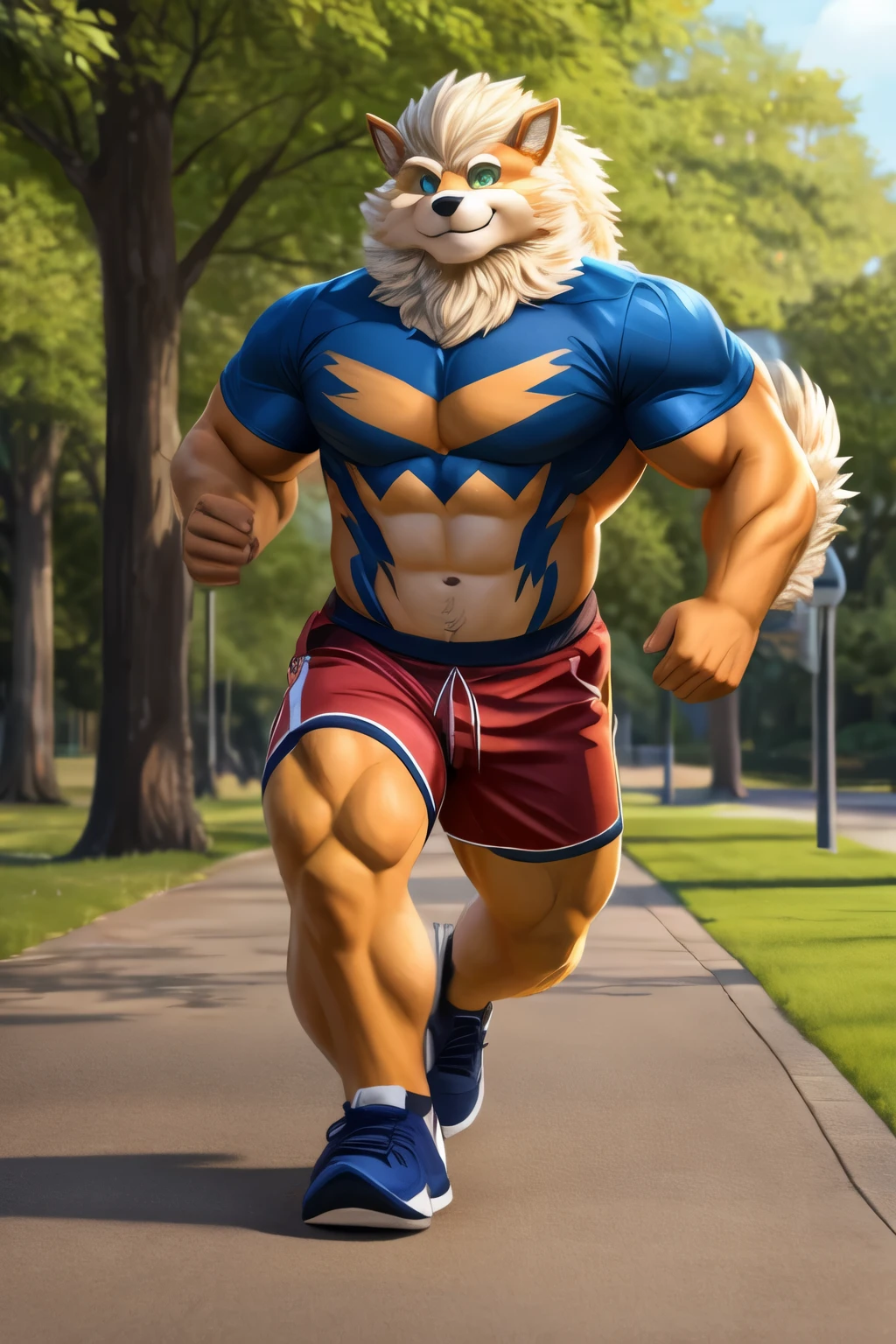 A hulking arcanine with green eyes is smiling and wagging his tail while wearing red shorts is running through the park