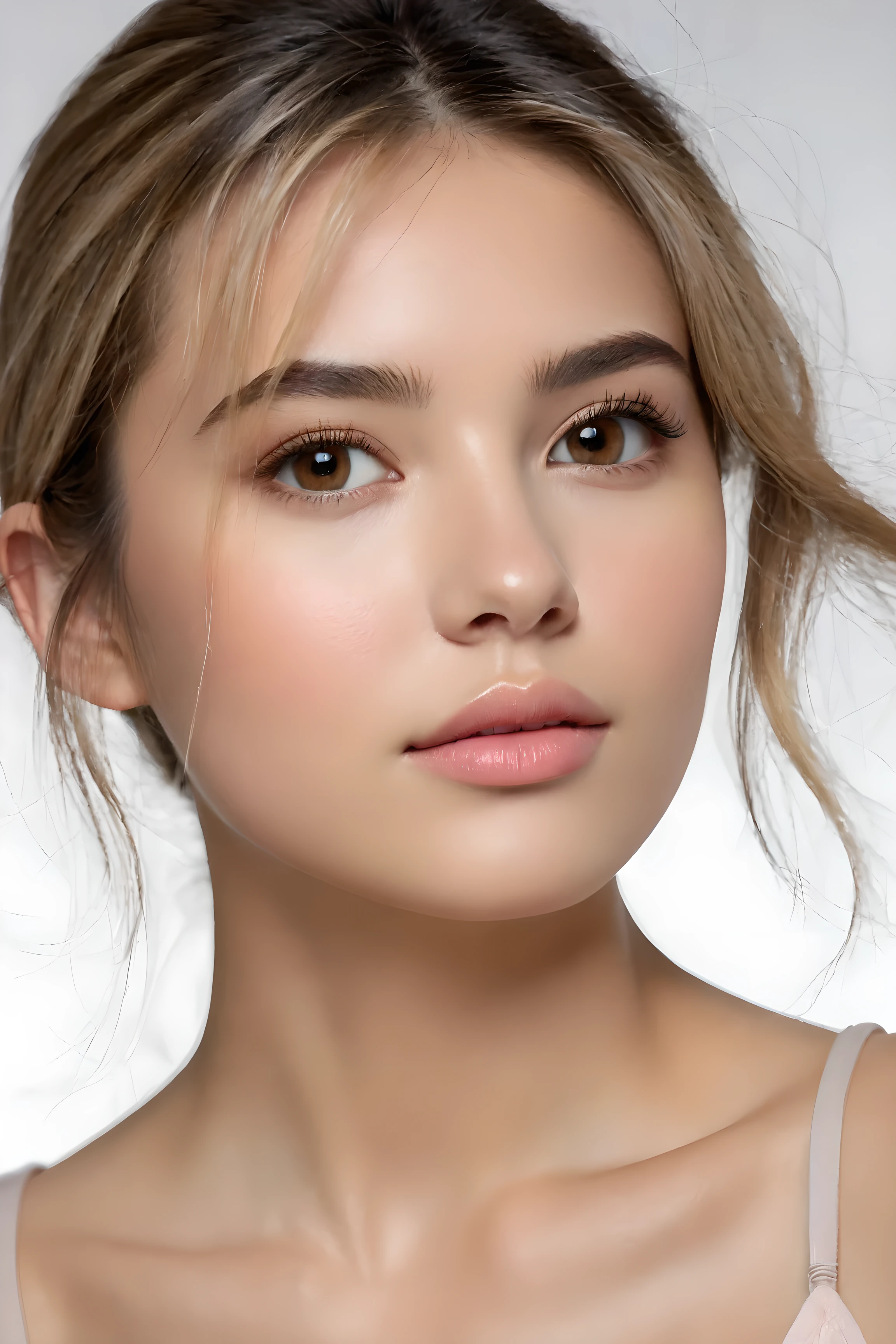 A hyper-realistic, ultra-detailed frontal portrait of a stunning 20-year-old woman with light skin and subtly Brazilian facial features. She is facing directly toward the viewer, with her head perfectly aligned, ensuring full symmetry in her features. She has long, silky straight blonde hair cascading naturally over her shoulders, light brown eyes with a gentle, captivating gaze, and a slightly rounded jawline that adds softness to her youthful appearance. Her chin is smooth and natural, harmonizing with her delicate features. Her cheeks are slightly rounded, enhancing her charm and youthful look. Her lips are full, sensual, and naturally pink. Her skin is flawless, with visible pores, soft natural texture, and a hint of blush on her cheeks, reflecting soft, diffused lighting. The lighting is cinematic and warm, evenly illuminating her face to highlight every fine detail. Photorealistic, with HDR-quality rendering, fine skin details, realistic shadows, and a shallow depth of field, set against a neutral, slightly blurred studio background for a professional finish.