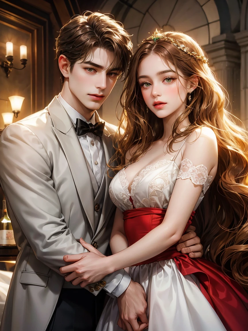 Couple. 1 girl 1 boy. A girl with brown long wavy hair, green eyes, cute dress. A boy with black short hair, black eyes, suit. Party background. Masterpiece. ultra detailed.