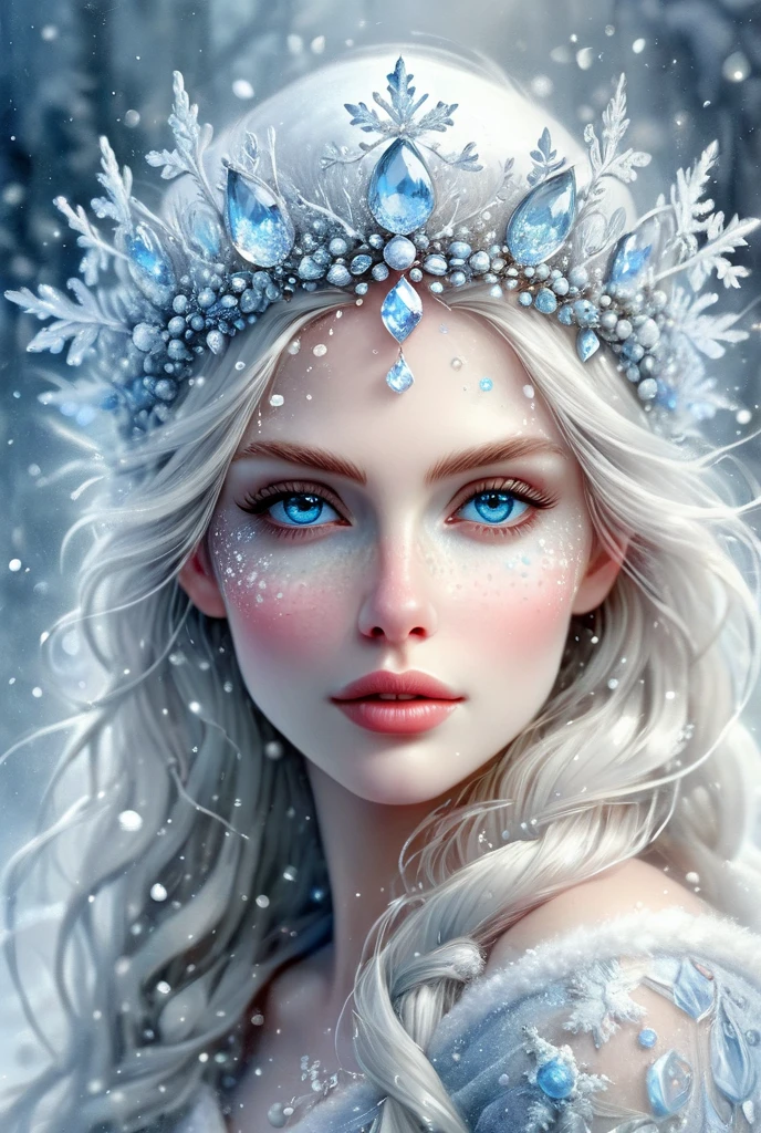 Snow Queen

cold arrogant face, icy blue eyes, crown of ice and snowflakes, snow veil

English watercolor, in the style of V. Nenov+Willem Haenraets, airy,  Transparent , weightless