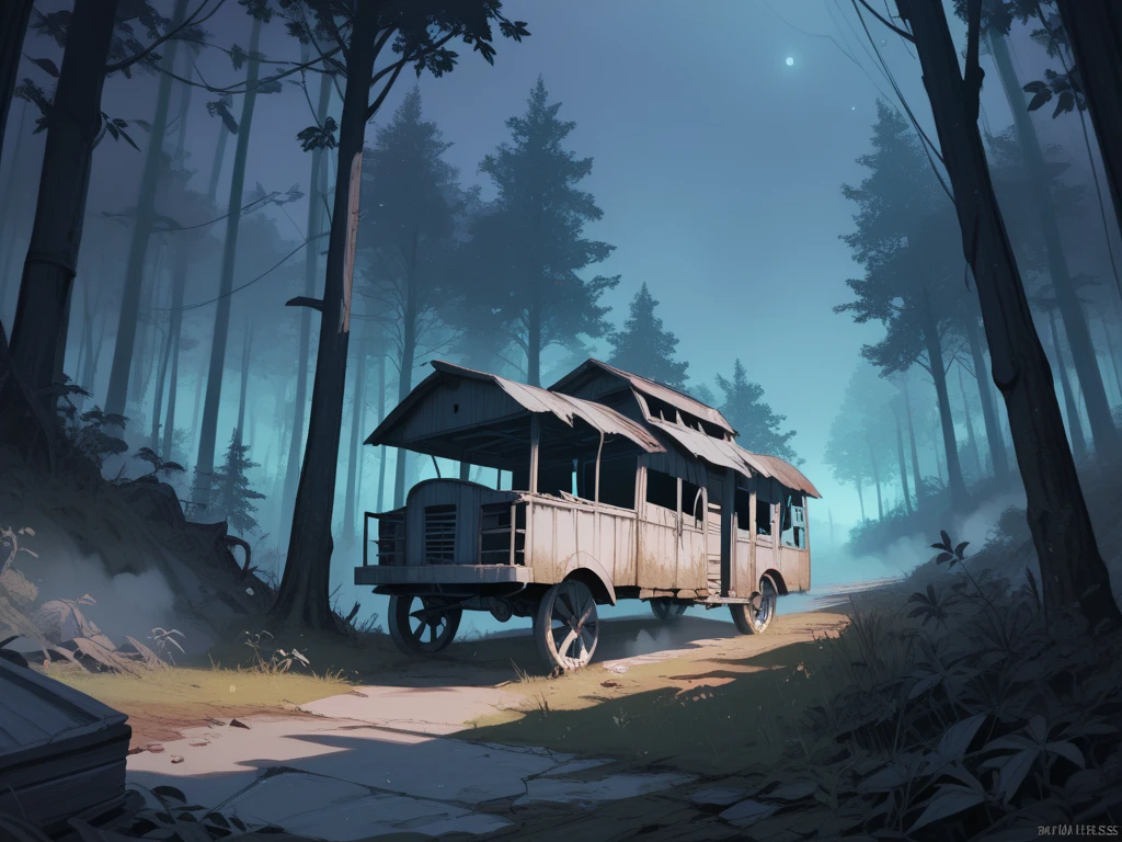 forest at night, Abandoned forest, Purple night,  darkness,  leafless trees ,  carriage with wheels in front, abandoned carriage , fog, 