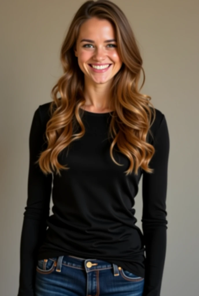 a woman that is smiling and holding a cell phone, this person does not exist, young woman in her 20s, brown hair and large eyes, wearing a long sleeve tshirt and jeans, olesya rulin-romola garai-valorie curry-maude apatow-peggy lipton-mia wasikowska-madeline zima-olga fonda-troian bellisario-linda cardellini-hilarie burton-lili reinhart merged, entire body visible, full body, hyperrealistic, best quality, 8K, real human skin, masterpiece, extremely intricate, medium closeup, detailed eyes, detailed face, detailed body, exaggerated features, pronounced features