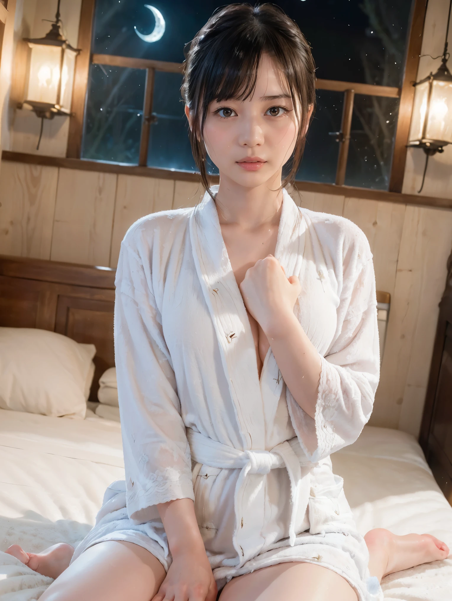 8k、 High Quality 、 More Details 、 raise your knees high with short hair with bangs 、( cute、 beautiful、 beautiful:1.5),( slightly wet)、(((Bedroom at night:1.5)))、(((moon、 Firefly Light:1.5))),((( Wearing a bathrobe 、Wear a bathrobe、 Sweating:1.5)))、(((Wear a bathrobe:1.5)))、(24 year old cute )、((( sit on the floor、 leaning on the bed、 flat )))、 beautiful足、Gentle lighting、A face that feels、 beautiful、((1people々々))、(( cute sexy pose))、photograph、 realistic、(((緻密で beautiful目、緻密で beautiful手、 more detailed hands ))), hyperrealism、 high contrast 、Max image 、 top quality 、Small details、Very politely, beautiful女性, high resolution face 、 realistic、 beautiful女性, high resolution face 、20 years old, Detailed Facial Features