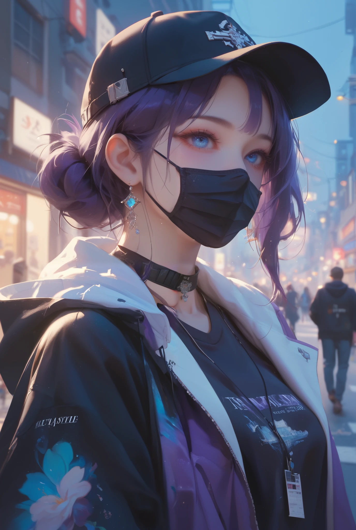 (High Resolution, Masterpiece, Anatomically Correct, Best Quality, Illustration) Dynamic illustration of a beautiful 25-year-old woman with pale skin, long dark purple hair, and light blue eyes; she is wearing a black medical mask and has dark eye circles; she is wearing a black oversized hoodie and a black cap; she is standing in an urban background at NIGHT.