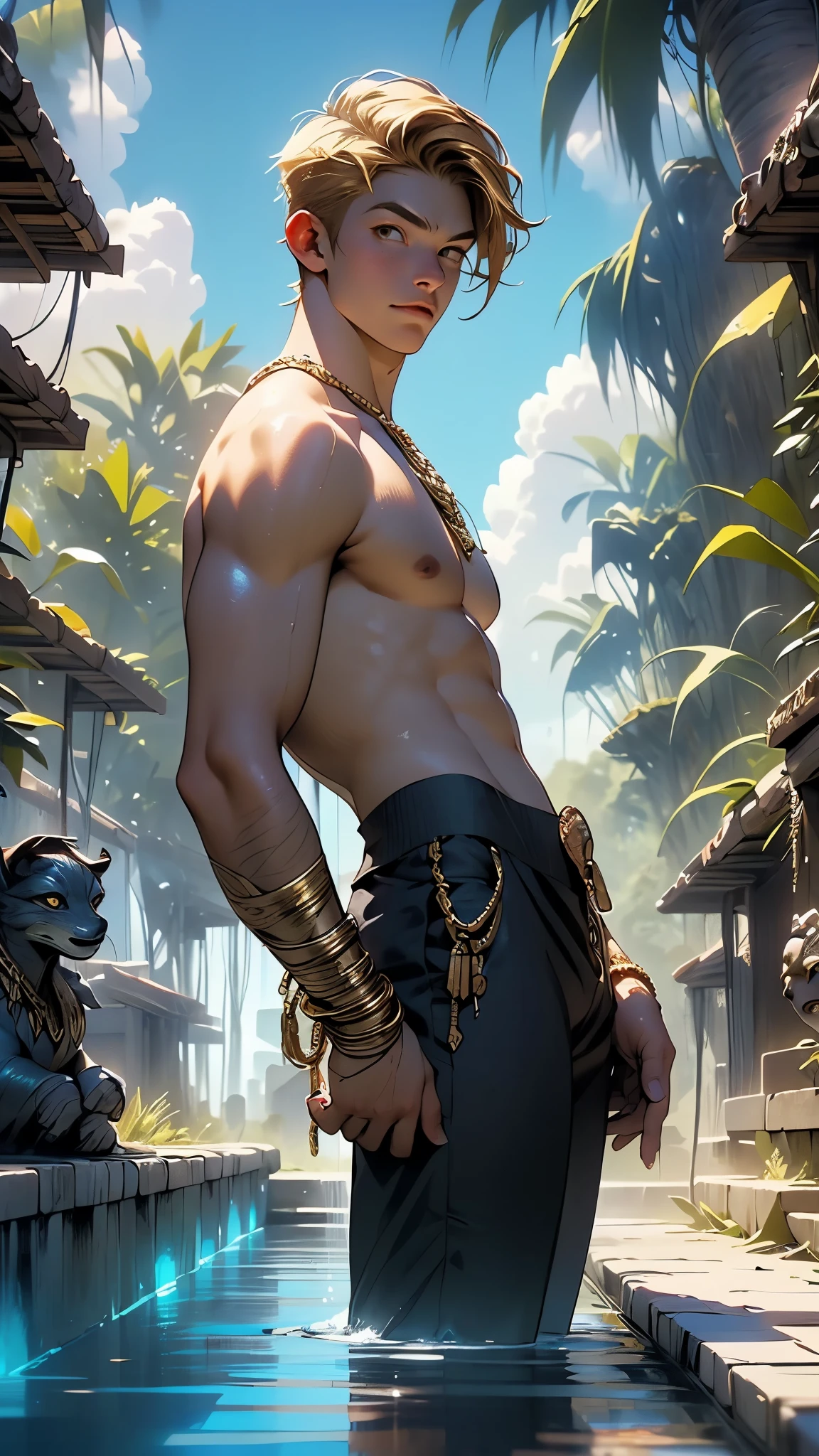 atuendo tribal egipcio es de ceda negra color negro y dorado ultra realista, 16-year-old boy with brown cinnamon skin, cuerpo atletico tonificado cabello liso,masculino serio pensativo observador tiene el dorso desnudo y viste un atuendo negro y dorado tipico del antiguo egipto, caminando, sonriendo por las calles de una moderna ciudad un amigo cernaco se acerca por atras y lo abraza