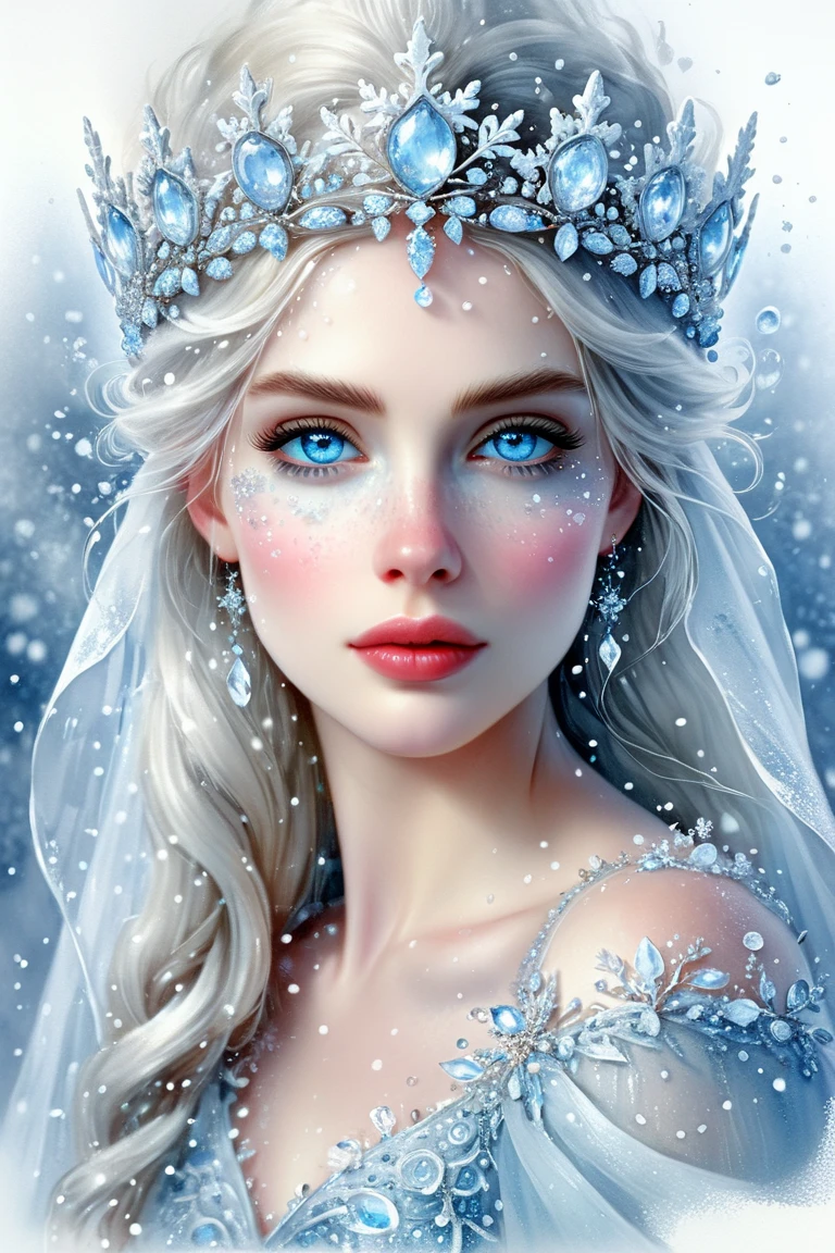 Snow Queen

cold arrogant face, icy blue eyes, crown of ice and snowflakes, snow veil

English watercolor, in the style of V. Nenov+Willem Haenraets, airy,  Transparent , weightless