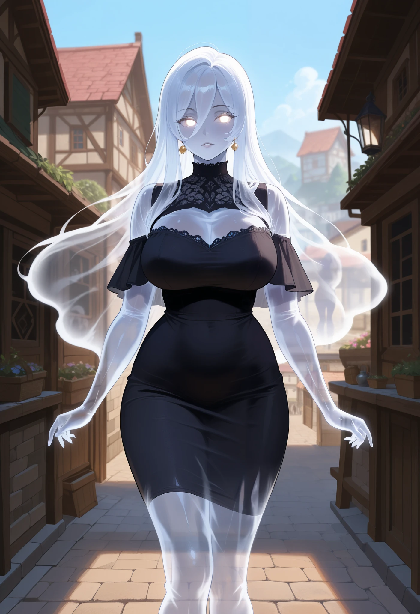 score_9, score_8_up, score_7_up, source_anime, (Masterpiece:1.2) mix artwork style, beautiful FOG girl, translucent_skin, transparent_skin, illusion girl, ((transparent skin)), white pale ghost girl, spirit girl, hovering in a middle-ages town, (town_square:1.1), invisible being, apparition, (in a Gothic village), shrouded, mist, shadows, glowing eyes, sexy mature woman, milf, huge tits,