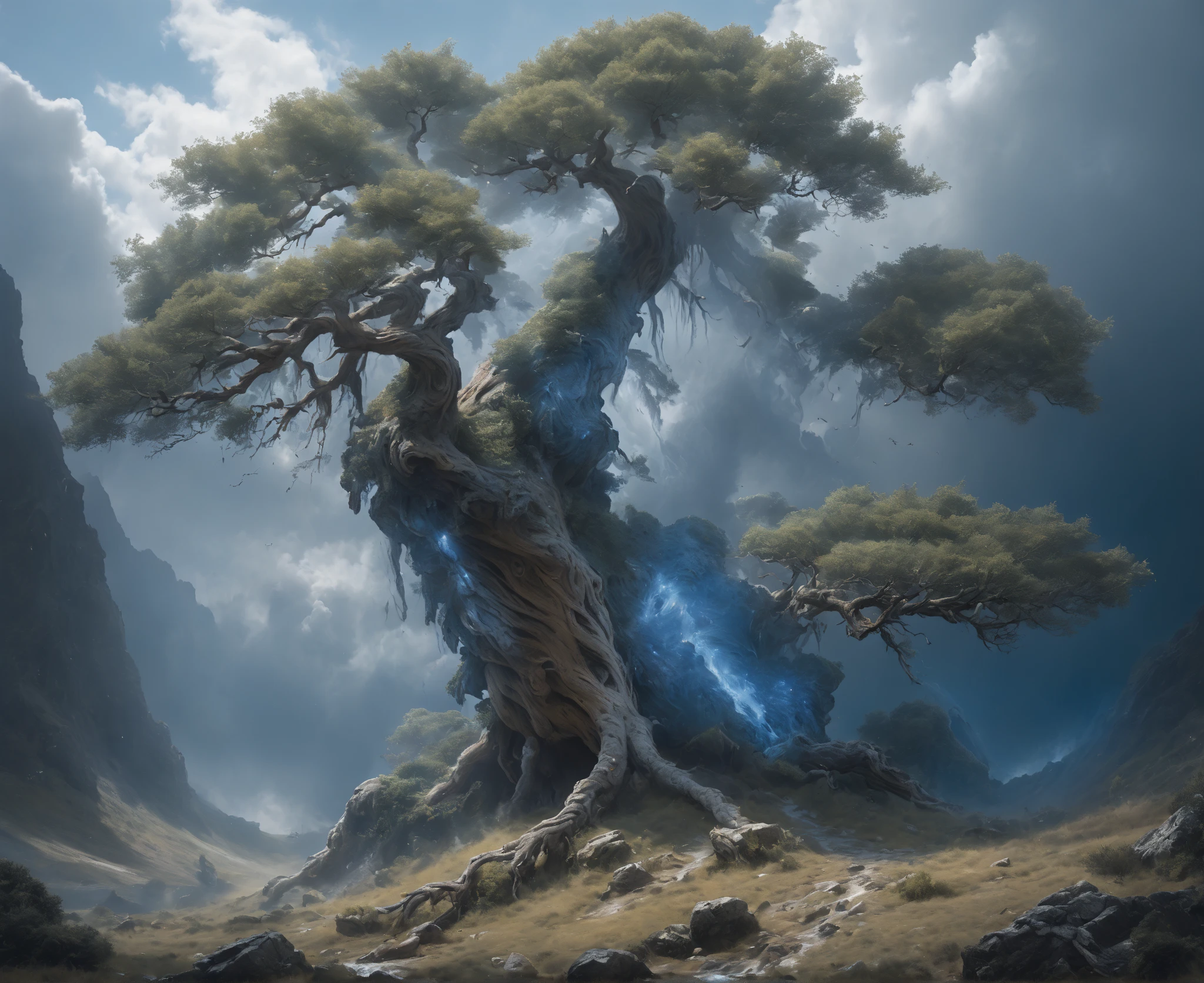  ( A huge cedar grows on the right  ), ((  view from above and from afar  )),  ( a huge old, dried, thick, half-rotten tree from whose trunk a waterfall flows), ( heavy thunderclouds ),  ( gusts of wind bend tree branches and grass ), ( high detail ) , (  High quality ),  (  masterpiece fails ), 4K, concept art, fantasy, blue tones,       very detailed oil painting      .       aerial view from afar     , ( , the style is defined by contrasting gray and blue colors :1.5), (  Greg Rutkowski :1.4), (Стиль Greg Rutkowski), cool blue tones .


