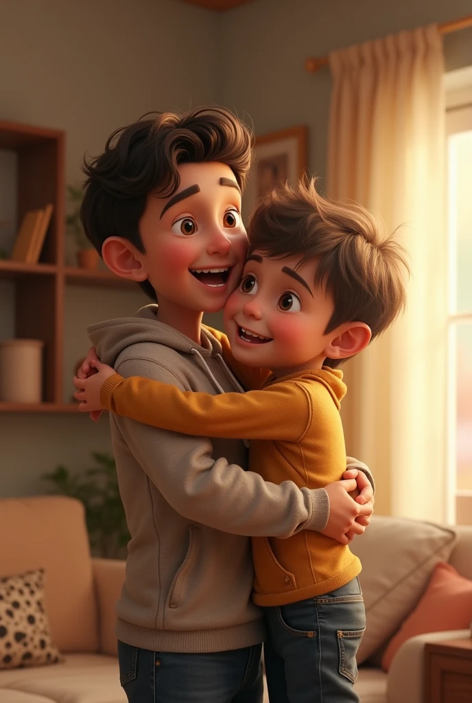 There are two brothers sitting across from each other, sentados em uma cama, boa sorridentes, rostos bonitos Santiago e Francisco, the oldest 3 years ago with curls in his hair, silly smile hugging the smaller one, o menor Franscisco 1 ano, straighter hair and curls on the top of the head