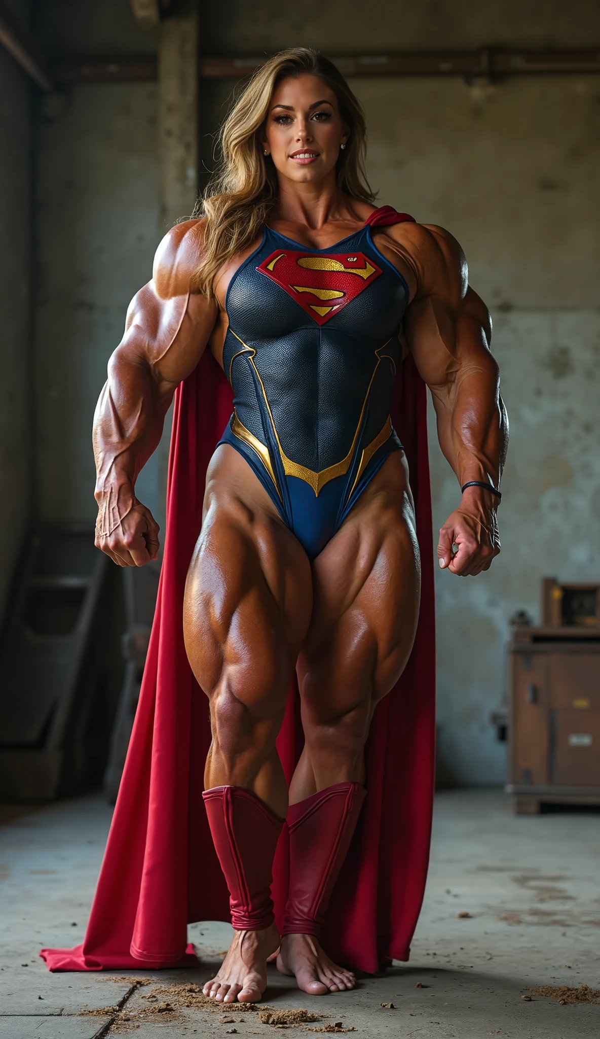(Muscular:2.4), (thick thighs:2.3),
(female, green eyes, pale skin, jet black hair:1.4), adult, (bob cut:1.4),
(big smile:1.7), detailed eyes,
small breasts,
(earrings, eyeshadow, lipstick),
(leotard, small cape, gloves, skirt, abs window, bare legs, choker:1.7),
(upper body view:2), (three quarter view:1.4), looking at viewer,
rim lighting, two tone lighting, dimly lit