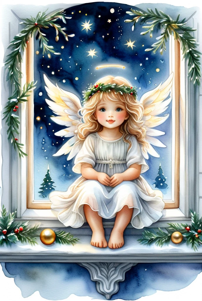  little christmas angel sitting on the windowsill,  outside the starry night window

watercolor ,  in the style of Galina and Lucy Chuvilyaev ,  airy,  Transparent , weightless,  high detail , a subtle detailed drawing of 