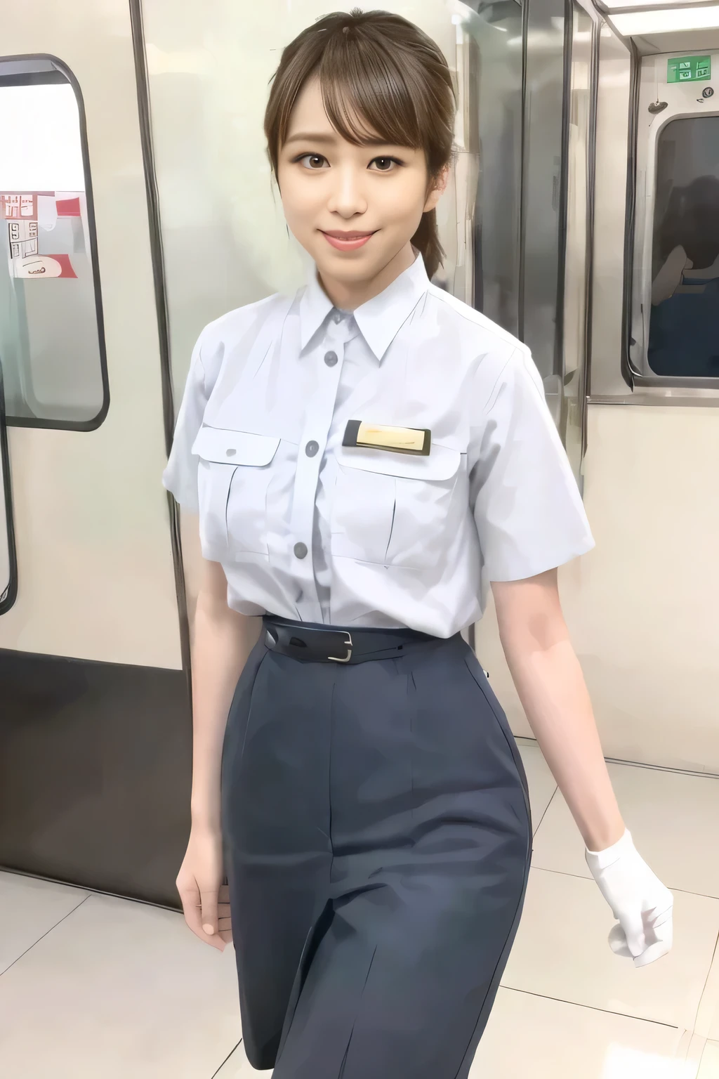 (Masterpiece:1.2, best quality :1.2), 32kHDR, high definition, (Alone、 1 girl)、(Rooftop of a building during the day、 professional lights )、Building rooftop background、( real style woman wearing train crew uniform 6 )、(female train crew uniform 6 blouse short sleeve 、 Knee-length culottes skirt、Waist belt)、( female 6 vest in train crew uniform )、 dark brown hair 、( hair gathered、 hair bang)、 dark brown hair 、Long Hit、Big Breasted 、Thin legs、(( amazing hands:2.0)),((harmonious body proportions:1.5)),((Normal limbs:2.0)),((Usually refers to:2.0)),(( Delicate Eyes:2.0)),((Normal eyes:2.0)))、smile、(woman train crew uniform6 Knee-length culottes skirtを見せた美しい立ち姿) 、Hands crossed underneath