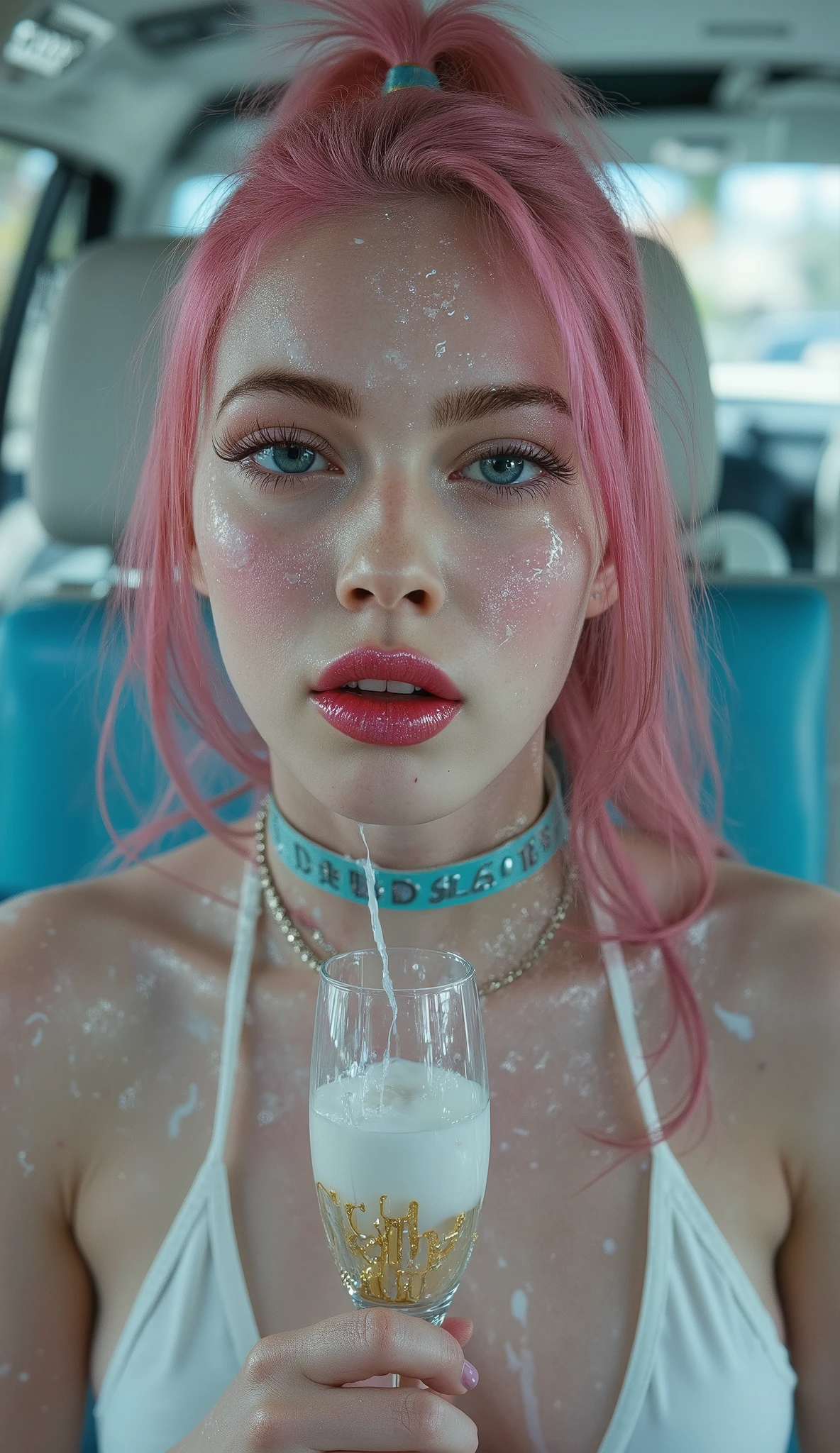 A Portrait of a Beautiful young albino girl with bright blue eyes, long straigt pink hair with a ponytail bind up, Sitting face forward in the backseat of a luxurios limousine with turqouse and bright white interior , close up on here face, porcelain skin , (Thick turqouse leather choker with silver text "DADDYS GIRL"), Cumface teen with lots of white, sticky, wet, Here Mouth is slitly open and she got Cum in here mouth, white transucent cum all over here face, (Cum on face), Cum on forehead, Dripping cum, (she is holding small Champange glass just under here narrow chin with the text " CUM SLUT" whitten in gold on the glass), the clear glass is staind with white sticky cum, behind here in the car in an old man i a suit with tie, Ultra detaild skin,slighty freckles, photo ultra-realistic, hyper-detailed , Vogue photo shoot , cinematic, narrow cute cheek, big lfull ips with glossy dark red lipstick, long thick eyelashes, pink blush on here cheeks,