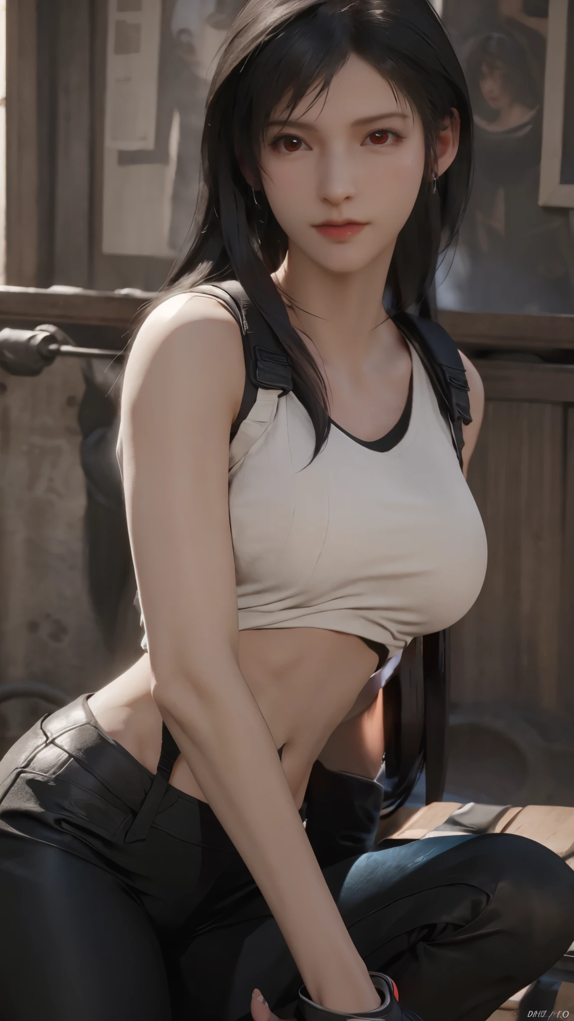 (highest quality, masterpiece: 1.1), (Realistic: 1.3), break (((FF7,Tifa_Lockhart))),(Tifa_Lockhart and monsters battle)(dark, A nearly unlit torture chamber:1.3),(Face Focus:1.1) break (((FF7,Tifa_Lockhart))),(Light brown hair, big breasts: 1.2),(Tifa_Lockhart uniform:1.3, suspenders, Low rise, mini skirt, Tank top),Dressed:1.2, break (((FF7,Tifa_Lockhart))),(Hordes of monsters:1.3),(lots of monsters:1.2), Wet Hair, Around 18 years old,Sensual, avert your eyes:1.2, monster attacking,Tifa_Lockhart faghting 、Nipples are visible