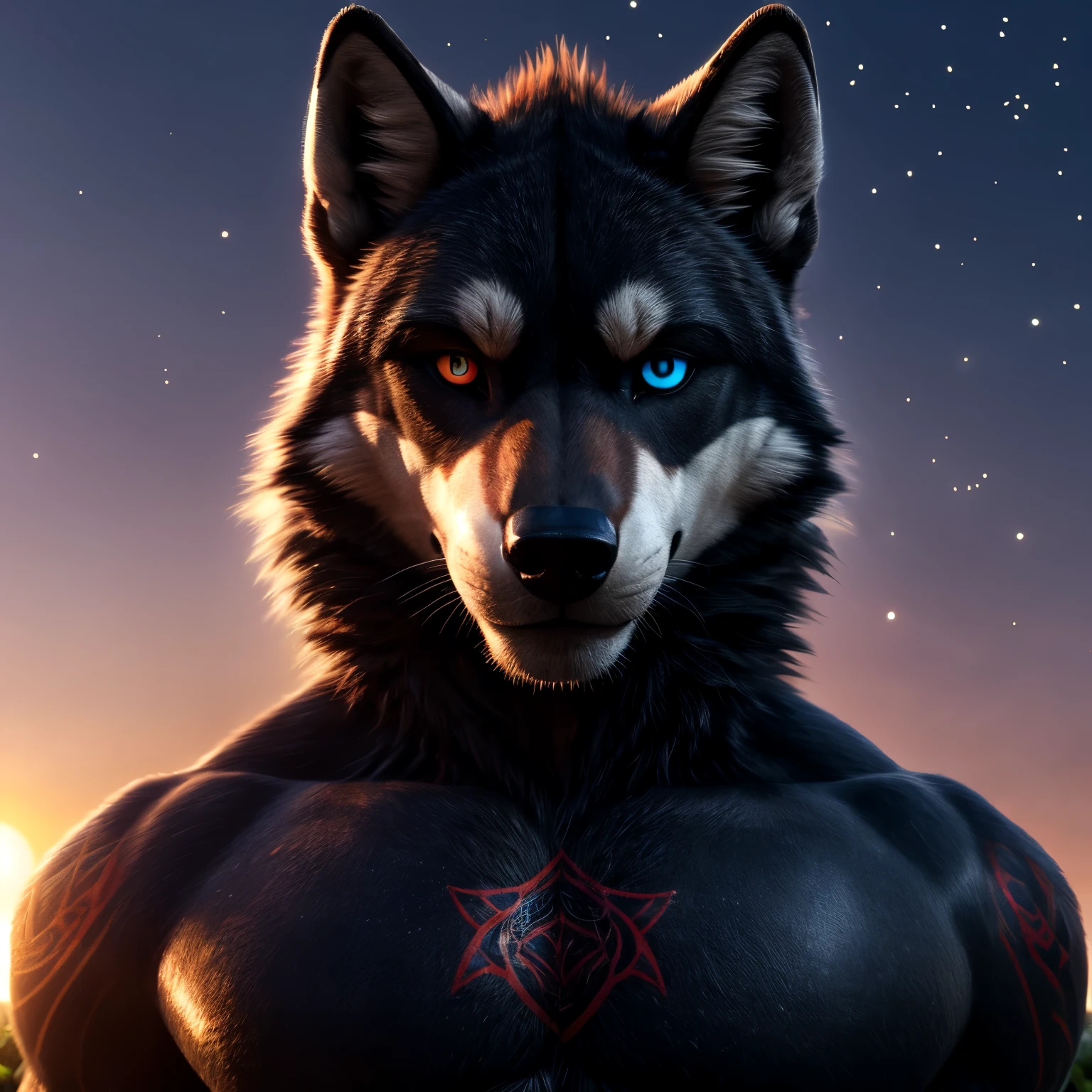 An adult muscular male Fox fursuit alone looking at the viewer serious expression glowing red eyes in the dark alone in the forest blue t-shirt and a sexy tight thong background of an Amazon forest at night with a full moon Hollywood 5D cinematic style live action movie 