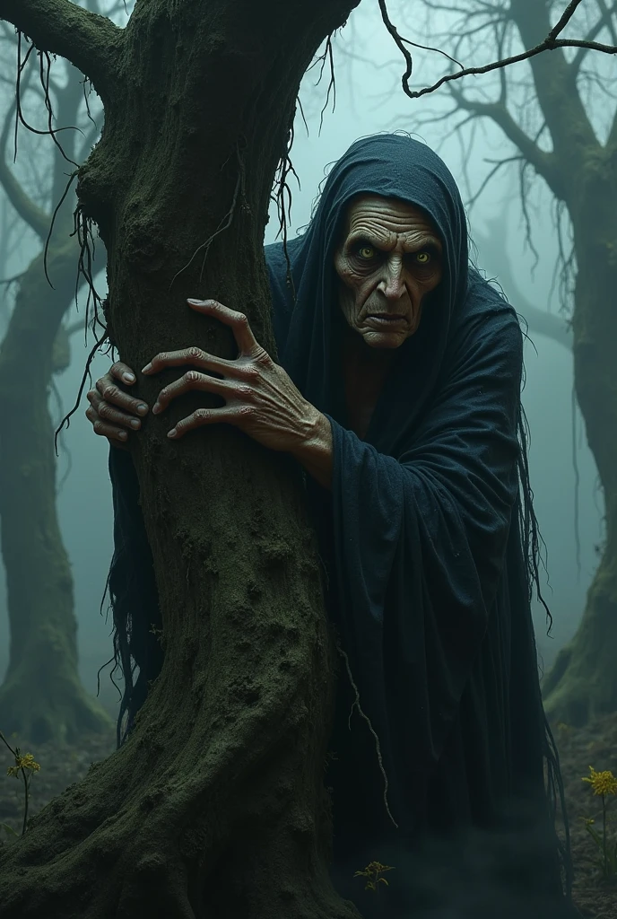 painting of a an eighty year old witch woman, very ugly and poorly dressed, wearing a hood with a scary face, alone in a forest at night invoking the spirit of an old prophet, realistic image in 4k, dark atmosphere, cinematic scene, volumetric lights, ultra realistic, in the style of nicola samori