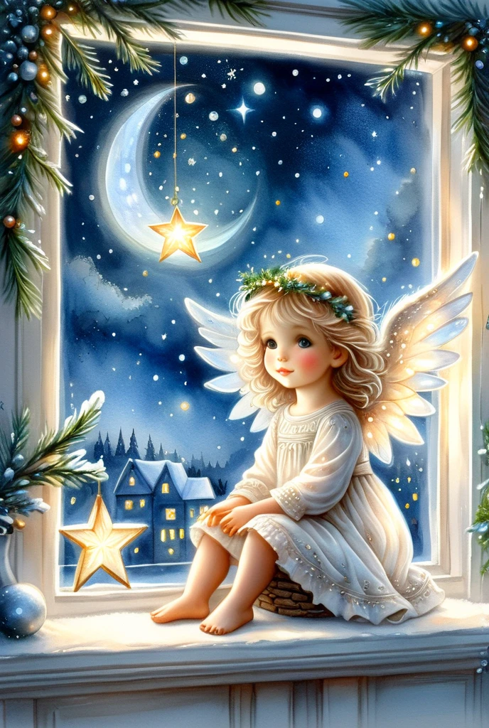  little christmas angel sitting on the windowsill,  outside the starry night window

watercolor ,  in the style of Galina and Lucy Chuvilyaev ,  airy,  Transparent , weightless,  high detail , a subtle detailed drawing of 