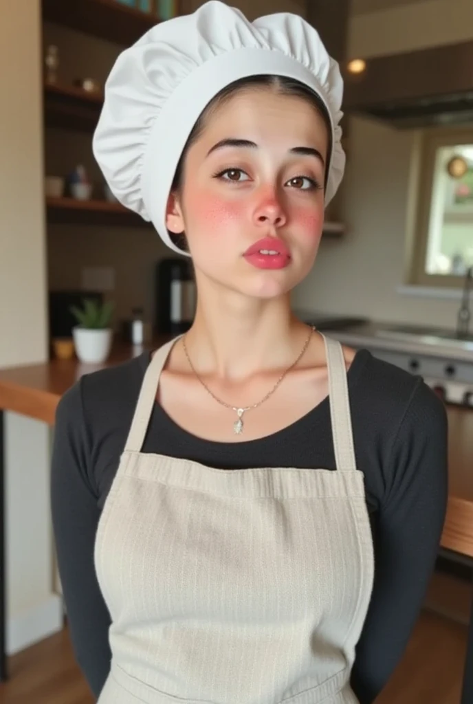 photo of (cute 20yo girl:1.2) in the kitchen, (naked apron:1.2), freckles, (chef's hat:1.2), (big breasts:1.1), pale skin, (perfect eyes:1.1), volumetric light, (detailed skin texture:1.4), pores, (photorealism:1.4), intricate details, (attractive:1.3), handsome, perfectly detailed eyes, perfect lighting, masterpiece, (best quality:1.3),no makeup, real face