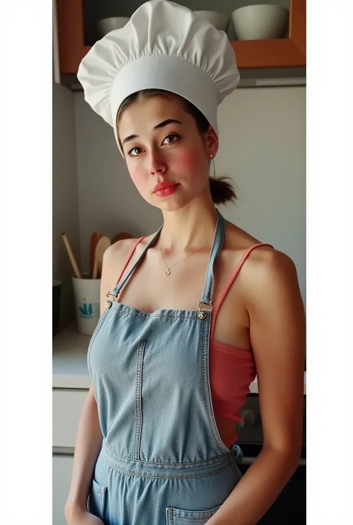 photo of (cute 20yo girl:1.2) in the kitchen, (naked apron:1.2), freckles, (chef's hat:1.2), (big breasts:1.1), pale skin, (perfect eyes:1.1), volumetric light, (detailed skin texture:1.4), pores, (photorealism:1.4), intricate details, (attractive:1.3), handsome, perfectly detailed eyes, perfect lighting, masterpiece, (best quality:1.3),no makeup, real face