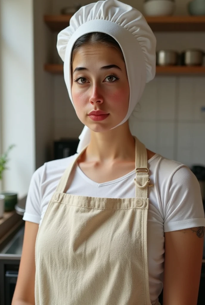 photo of (cute 20yo girl:1.2) in the kitchen, (naked apron:1.2), freckles, (chef's hat:1.2), (big breasts:1.1), pale skin, (perfect eyes:1.1), volumetric light, (detailed skin texture:1.4), pores, (photorealism:1.4), intricate details, (attractive:1.3), handsome, perfectly detailed eyes, perfect lighting, masterpiece, (best quality:1.3),no makeup, real face