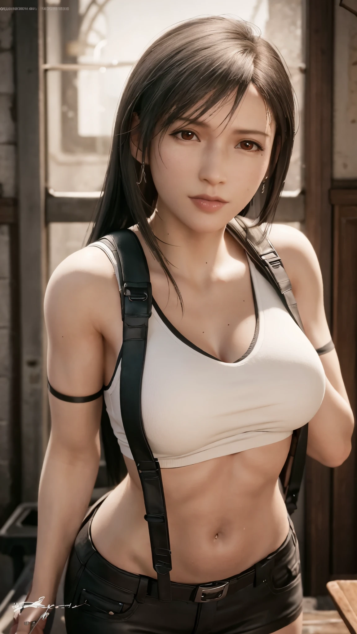 TIFA_LOCKHART, CLOSE UP UPPER BODY,SOLO, COWBOY SHOT, ((CAUCASIAN BLONDE HIGHT PONYTAIL HAIR)), (GIGANTIC FAKE BREASTS,CLEAVAGE TOP,11 LINE ABS:1.5), ((TIFA_LOCKHART UNIFORM:1.3, SUSPENDERS, LOW RISE, MINI SKIRT, TANK TOP, GUARD ARM:1.5)), (MUSCULAR BODY SHAPE:1.5), (CLEAN GLOSSY BODYSKIN:1.5), (LOOKING AT VIEWER:1.6), (BACKGROUND FUTURISTIC SPACE STATION:1), (PHOTOREALSITIC:1.4), (ULTRA-DETAILLIERT), (TOP-QUALITY), (BEST SHADOWS), BRIGHT LIGHT IN ROOM, HYPER TEXTURE, (4X MSAA), ((UNREAL ENGINE 5 RENDER)), (NEON), PHYSICALLY-BASED RENDERING, ULTRA HIGHT DEFINITION, 16K, 1080P.