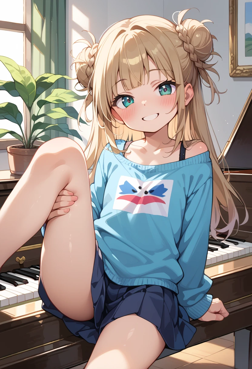 (( best quality )), ((masterpiece)), (be familiar with),  Perfect Face, indoor, bedroom,  Watching Viewers ,
One woman, I was,
開いた口,  ecstatic expression beside the piano, blush, smile,
 small tits,  flat chest, Young girl, Lori,  s,  girl,
 long hair,  twin bun hair ,
Leg spread,