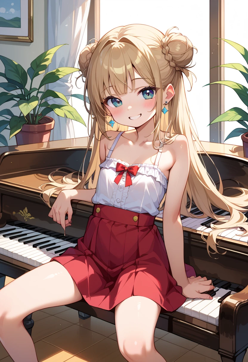 (( best quality )), ((masterpiece)), (be familiar with),  Perfect Face, indoor, bedroom,  Watching Viewers ,
One woman, I was,
開いた口,  ecstatic expression beside the piano, blush, smile,
 small tits,  flat chest, Young girl, Lori,  s,  girl,
 long hair,  twin bun hair ,
Leg spread,