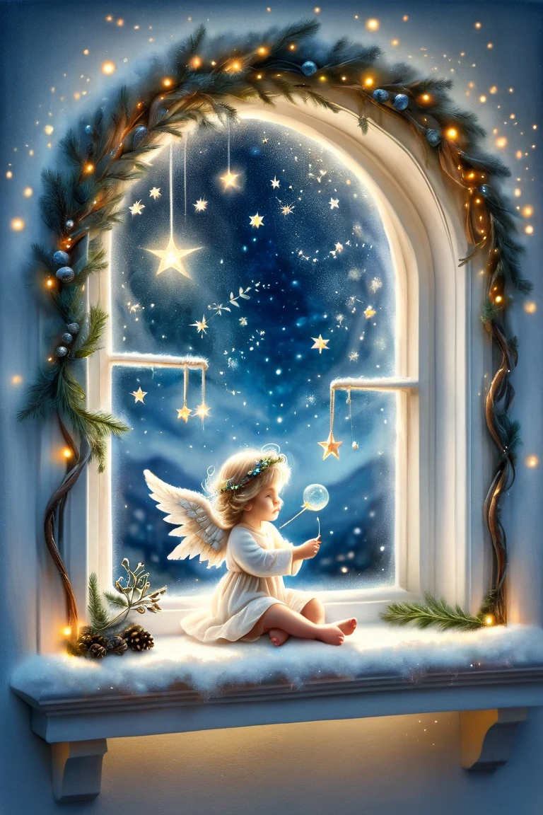  little christmas angel sitting on the windowsill,  outside the starry night window

watercolor ,  in the style of Galina and Lucy Chuvilyaev ,  airy,  Transparent , weightless,  high detail , a subtle detailed drawing of 