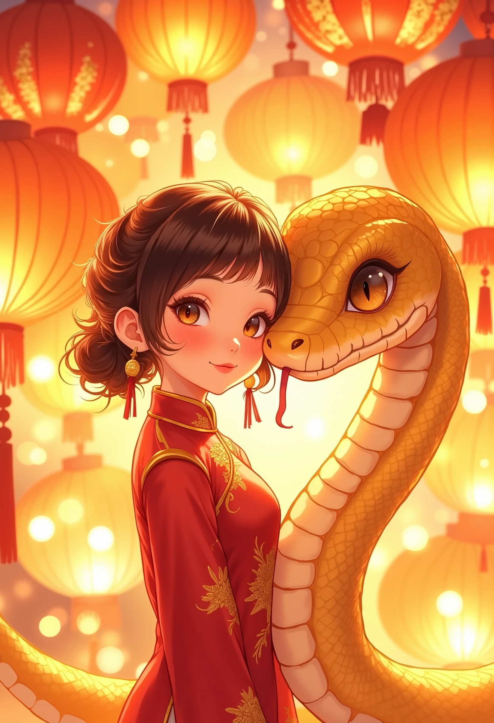 A vibrant digital illustration in a whimsical, anime-inspired style featuring a young girl with fair skin and large, expressive brown eyes.The girl is wearing a traditional Chinese qipao dress in a rich red color, adorned with intricate gold embroidery. The dress has long sleeves and a high collar, with a decorative tassel hanging from the front.
Next to her is a large, fantastical snake with a shimmering golden body, coiled gracefully beside her. The snake’s scales glisten in the light, and it is playfully sticking out its tongue, adding a lively touch to the scene. Its large, gentle eyes enhance its friendly demeanor.
The background is filled with a warm, golden glow emanating from numerous hanging lanterns, creating a festive atmosphere. The lanterns come in various shades of orange and red, adding to the inviting ambiance of the scene. The soft light from the lanterns casts gentle shadows, highlighting the texture of the snake’s scales and the elegance of the girl’s qipao.