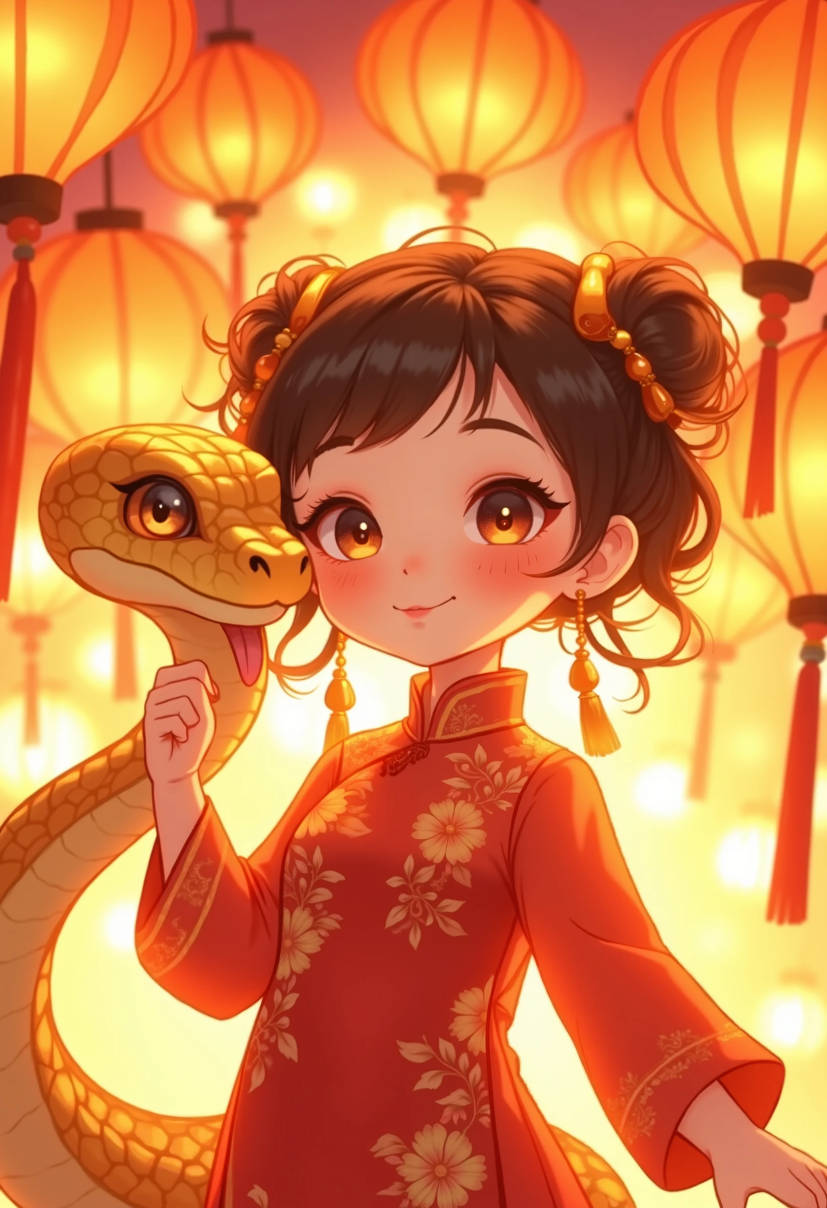 A vibrant digital illustration in a whimsical, anime-inspired style featuring a young girl with fair skin and large, expressive brown eyes.The girl is wearing a traditional Chinese qipao dress in a rich red color, adorned with intricate gold embroidery. The dress has long sleeves and a high collar, with a decorative tassel hanging from the front.
Next to her is a large, fantastical snake with a shimmering golden body, coiled gracefully beside her. The snake’s scales glisten in the light, and it is playfully sticking out its tongue, adding a lively touch to the scene. Its large, gentle eyes enhance its friendly demeanor.
The background is filled with a warm, golden glow emanating from numerous hanging lanterns, creating a festive atmosphere. The lanterns come in various shades of orange and red, adding to the inviting ambiance of the scene. The soft light from the lanterns casts gentle shadows, highlighting the texture of the snake’s scales and the elegance of the girl’s qipao.