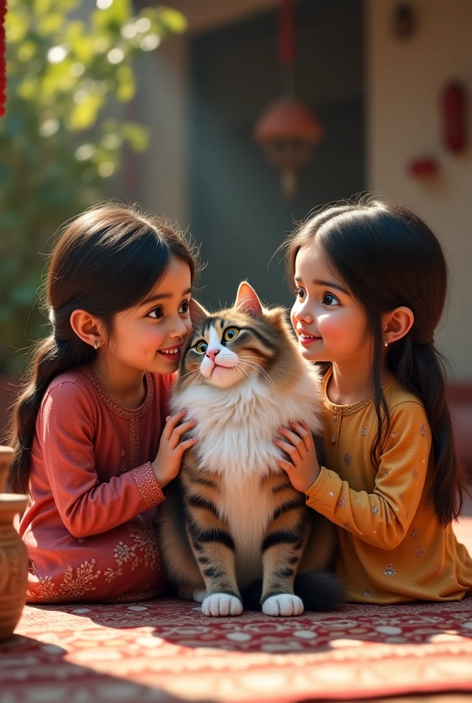 Two girls 6 and seven years old in pakistani attire are playing in their house with a cat