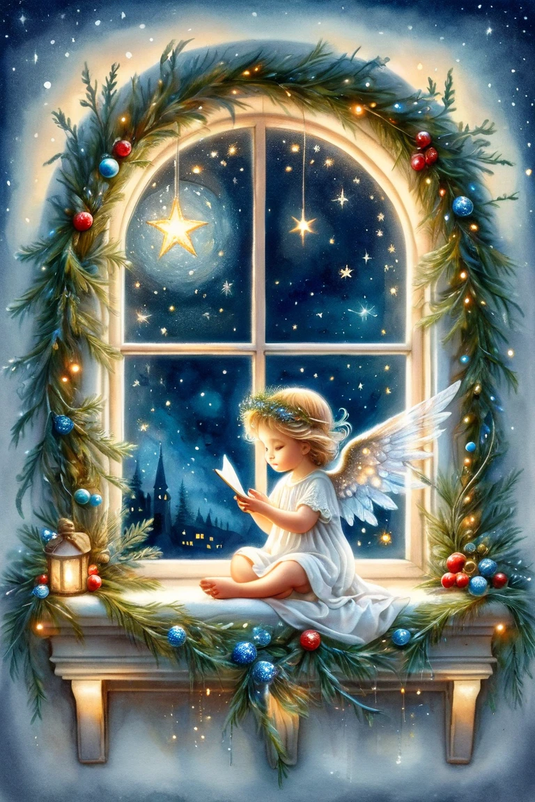  little christmas angel sitting on the windowsill,  outside the starry night window

watercolor ,  in the style of Galina and Lucy Chuvilyaev ,  airy,  Transparent , weightless,  high detail , a subtle detailed drawing of 