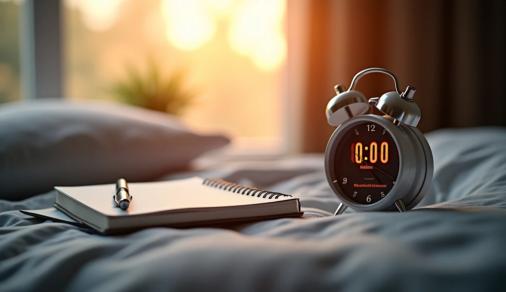 A bedside table with a notebook, a digital alarm clock showing 6:00, and a pen next to it, dawn light streaming in through the window, creating an optimistic and promising environment —16:9 hyperrealistic, cinematic image, 8k