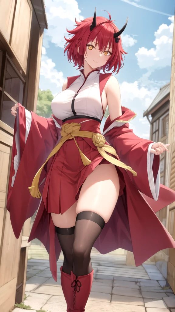 ((full body, standing):1.5), {((1woman))}, {((wearing brown leather indian clothes with feathers extremely tight and short on the body, short leather shorts and short velvet)), ((extremely gigantic and firm breasts)), ((short pink hair, mohawk, sparkling blue eyes, wearing small feathered headdress)), ((looking at viewer, maniacal smile, doing erotic pose, holding a bow and arrow)), ((in an indigenous village with several Indians, Indians in their homes))}