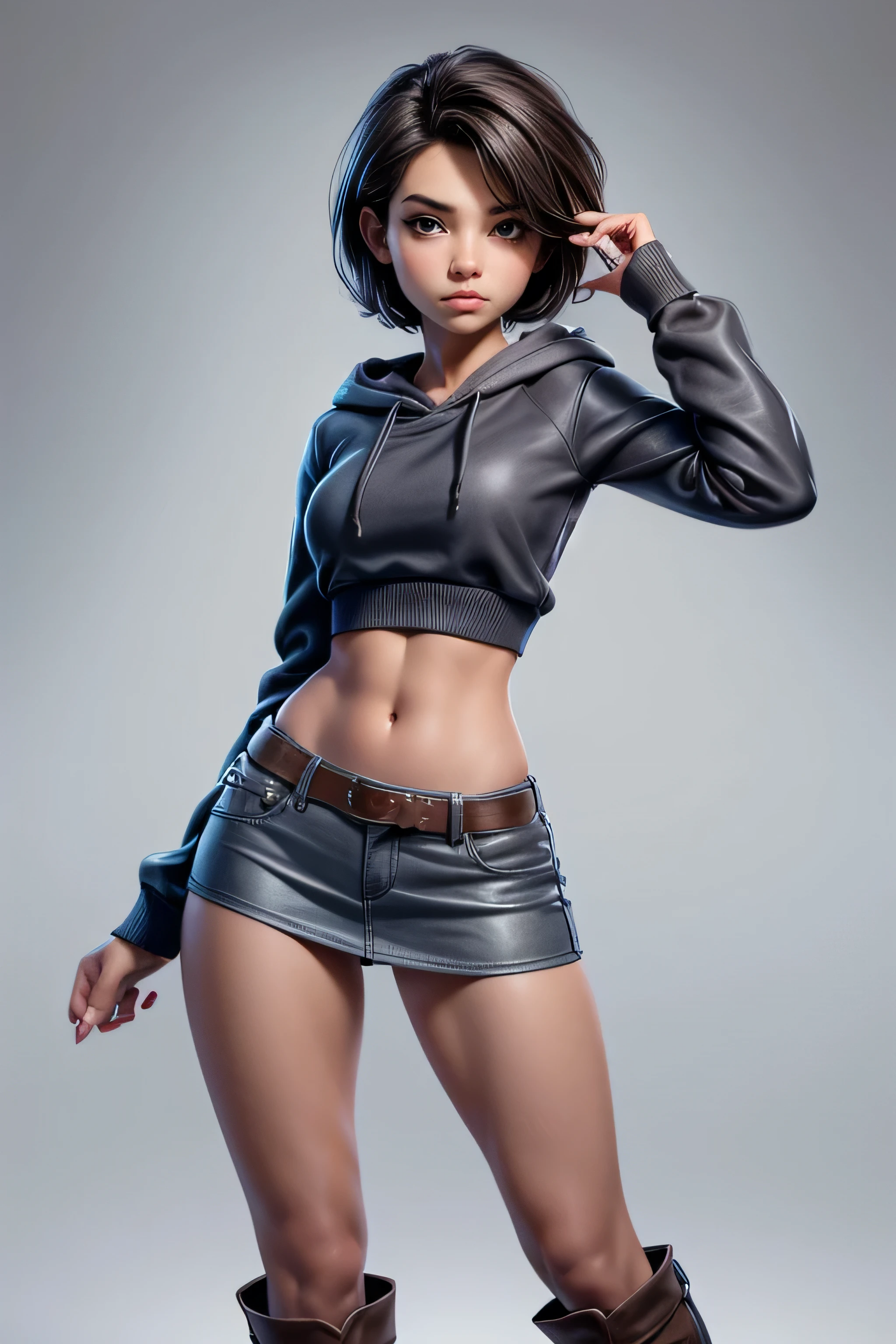 Woman in black cap, short hair with black bangs, fair skin, blue eyes, black sweatshirt and leggings, breasts facing the viewer, sensual pose. looking at the viewer. yawning