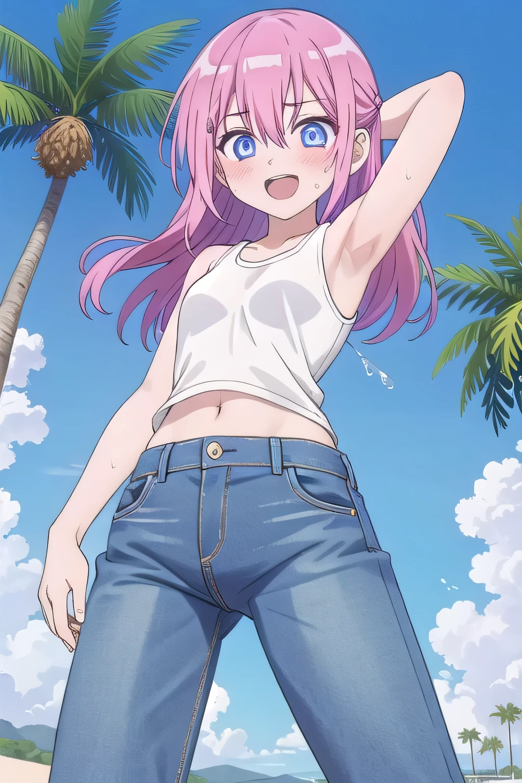 masterpiece,best quality,ultra detail, ((Perfect Face, Perfect Arms, Perfect hands, Perfect Fingers)), 1girl, ****, ***ite, ((round face, ecstasy, orgasm face, drooping eyes, shame smiling, blush)), dropping eyes, sleepy, background((under the beach, (day:1.2), palm tree, bright sky)), miyako shikimori, long hair, blue eyes, hair between eyes, pink hair, arms behind head, contrapposto, spread armpits, ((invisible hands, invisible fingers)), looking at viewer,, (white tank top:1.2), (white crop top:1.2), (jeans pants:1.2, flares jeans:1.2, skinny jeans:1.2, blue jeans:1.2), standing, (legs spread:1.2), sex pose, Sweaty crotch, Steam from the crotch, from below, full medium body