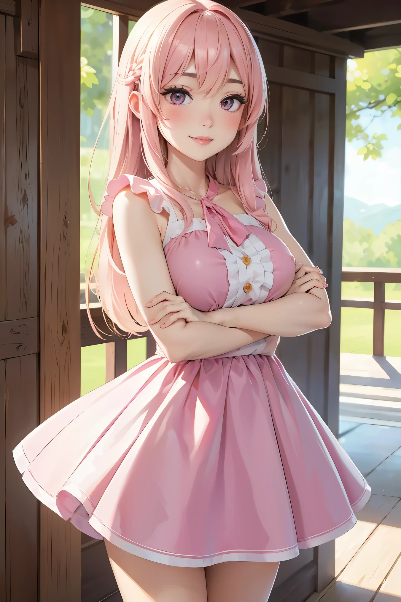 (leaning over:1.4), (masterpiece:1.2, best quality), (real picture, intricate details), 1girl, solo, absurdres, cowboy shot, standing, outdoors, :3, smile, bear girl, bear ears, ((light pink dress)), frills, very detailed dress, white thighhighs, platinum blonde hair, gray blue eyes, long hair, ((red strawberry choker)), smile, open mouth, one fang, large breasts, cleavage, sleeveless dress, arms behind back,