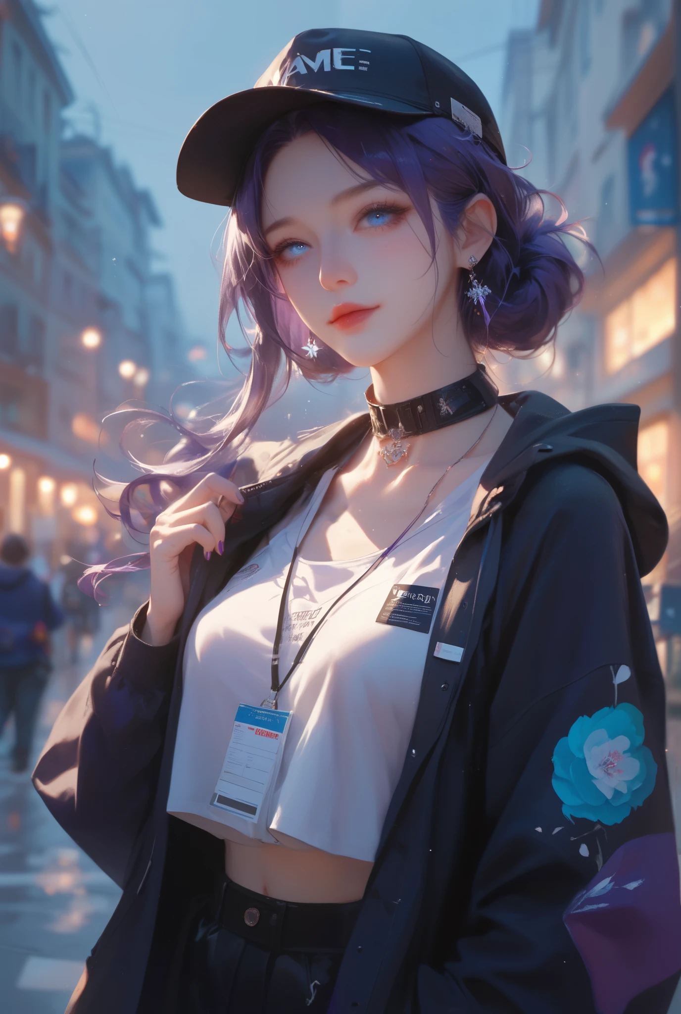 (High Resolution, Masterpiece, Anatomically Correct, Best Quality, Illustration) Dynamic illustration of a beautiful 25-year-old woman with pale skin, long dark purple hair, and light blue eyes; she is wearing a black medical mask and has dark eye circles; she is wearing a black oversized hoodie and a black cap; she is standing in an urban background at NIGHT.