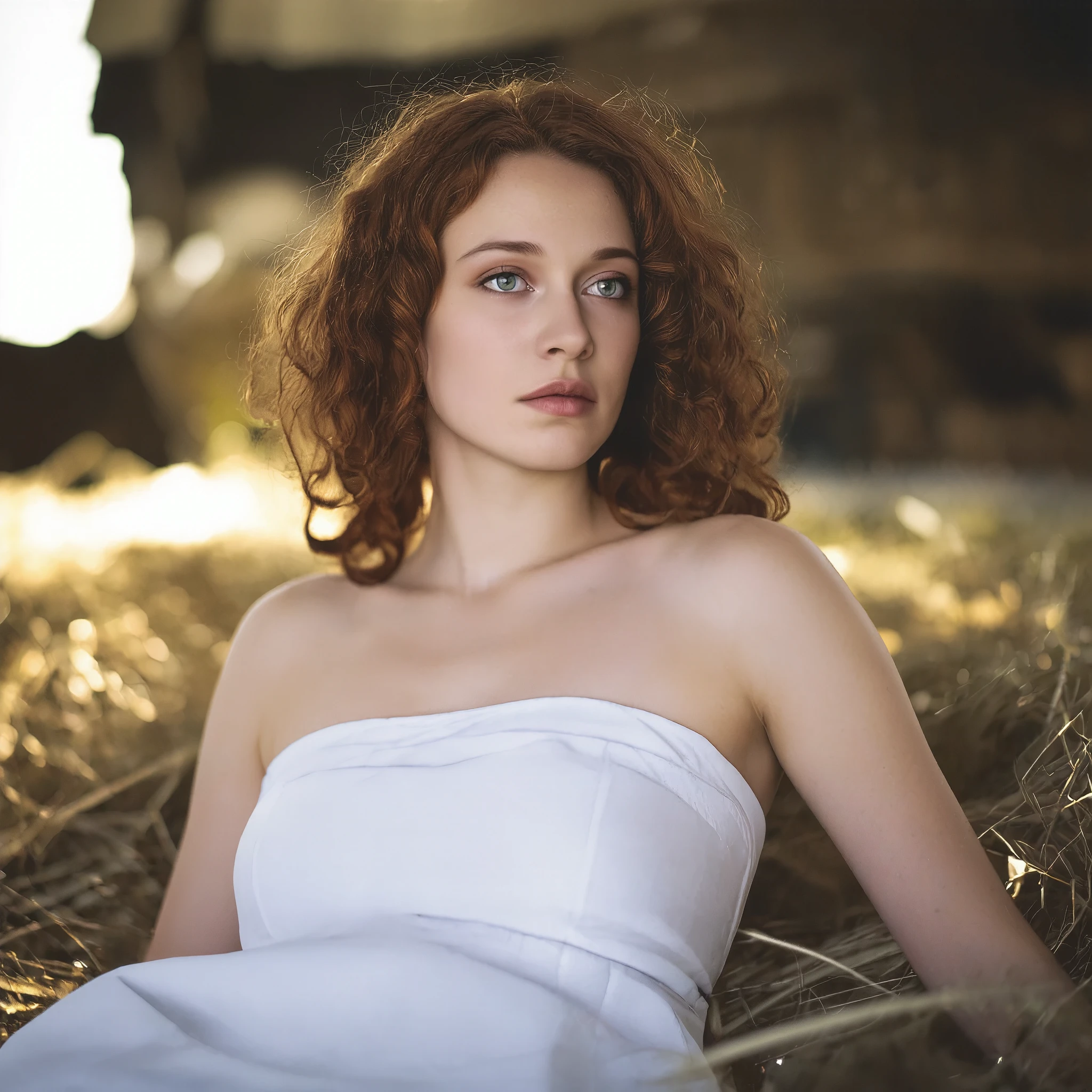 Professional photograph of a beautiful 25-year-old woman, she has green eyes that shine in the reflection of the light, curly red hair and fair skin. She is wearing a white peasant dress with a corset and a boat neckline that reveals her shoulders. She is in an old barn, lying on the hay, looking away, long hair spread over the hay. Natural light, sunlight, bokeh effect, depth of field, ground light scattering, backlight, dark room.