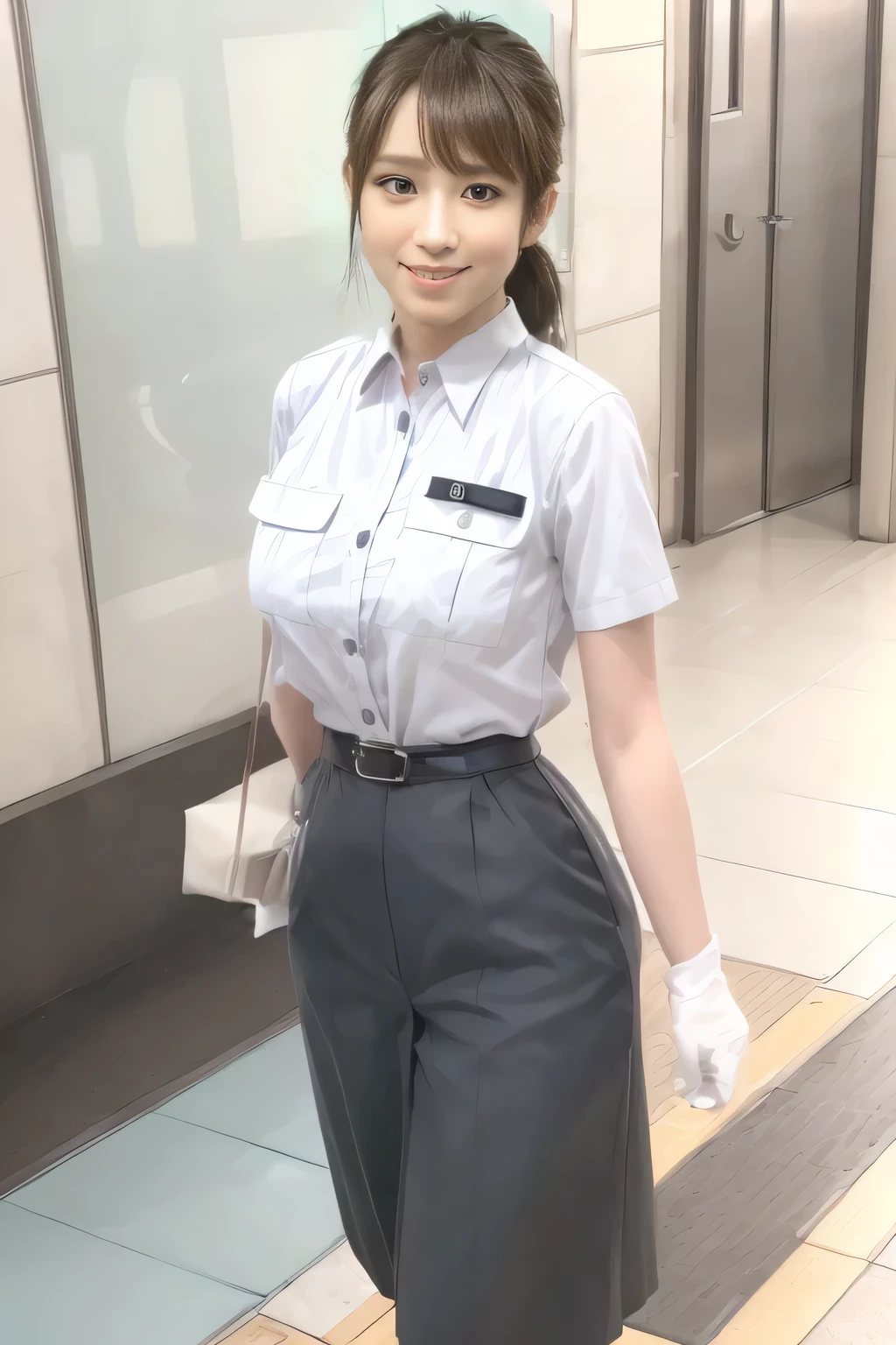 (Masterpiece:1.2,  best quality :1.2), 32kHDR,  high definition, (Alone、 1 girl)、（Rooftop of a building during the day、 professional lights ）、Building rooftop background、（ TOKYO SUBWAY WOMAN CREW UNIFORM REAL STYLE WOMAN CREW UNIFORM 6 ）、（TOKYO SUBWAY WOMAN CREW UNIFORM BLOUSE SHORT SLEEVE  、 Knee-length culottes skirt、Waist belt）、、 dark brown hair 、（ hair gathered、 hair bang）、 dark brown hair 、Long Hit、Big Breasted 、Thin legs、（（ amazing hands：2.0）），（（harmonious body proportions：1.5）），（（Normal limbs：2.0）），（（Usually refers to：2.0）），（（ Delicate Eyes：2.0）），（（Normal eyes：2.0））)、smile、（Tokyo Subway woman crew uniform Knee-length culottes skirtを見せた美しい立ち姿） 、Hands crossed underneath 
