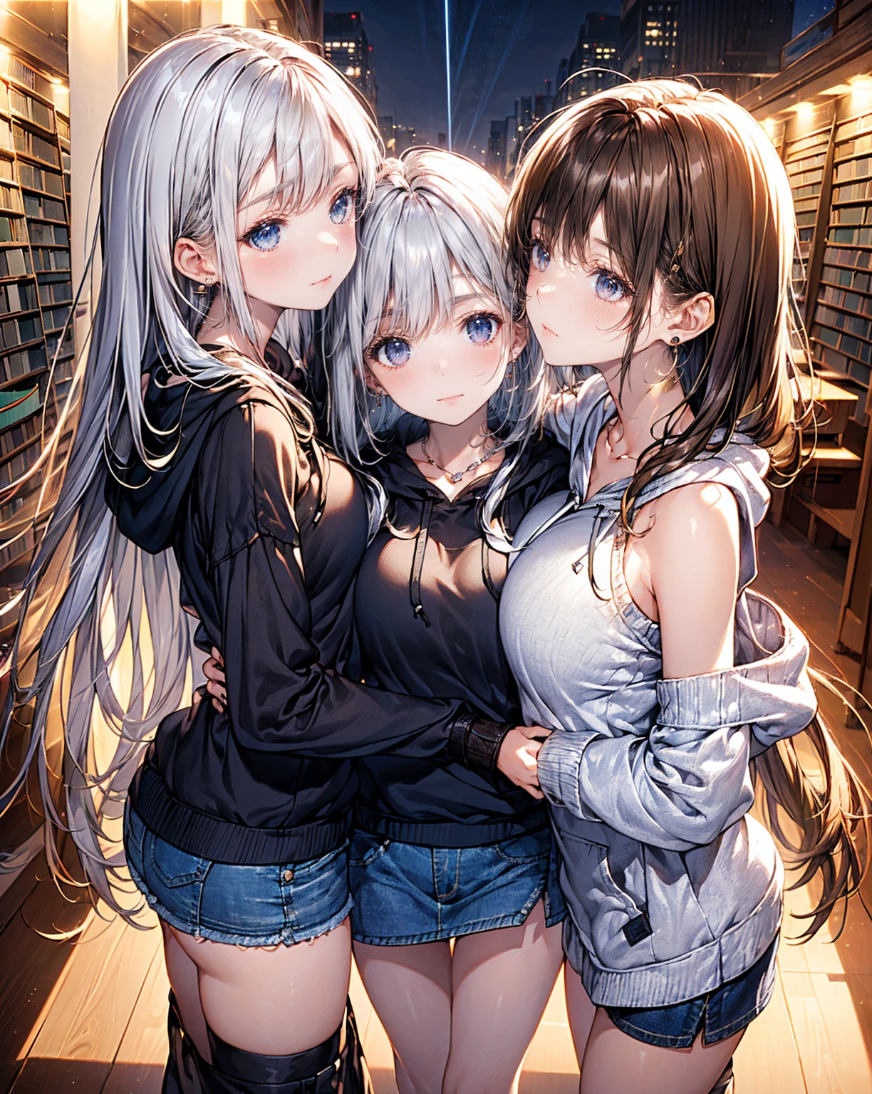 (((3 17 year old girls.))) 1 with yellow hair and green eyes, tanned body. 2 white hair and blue eyes, white body. 3 Red Hair And Red Eyes, with dark body. The 3 girls are standing. in clothes. High School College Fund.