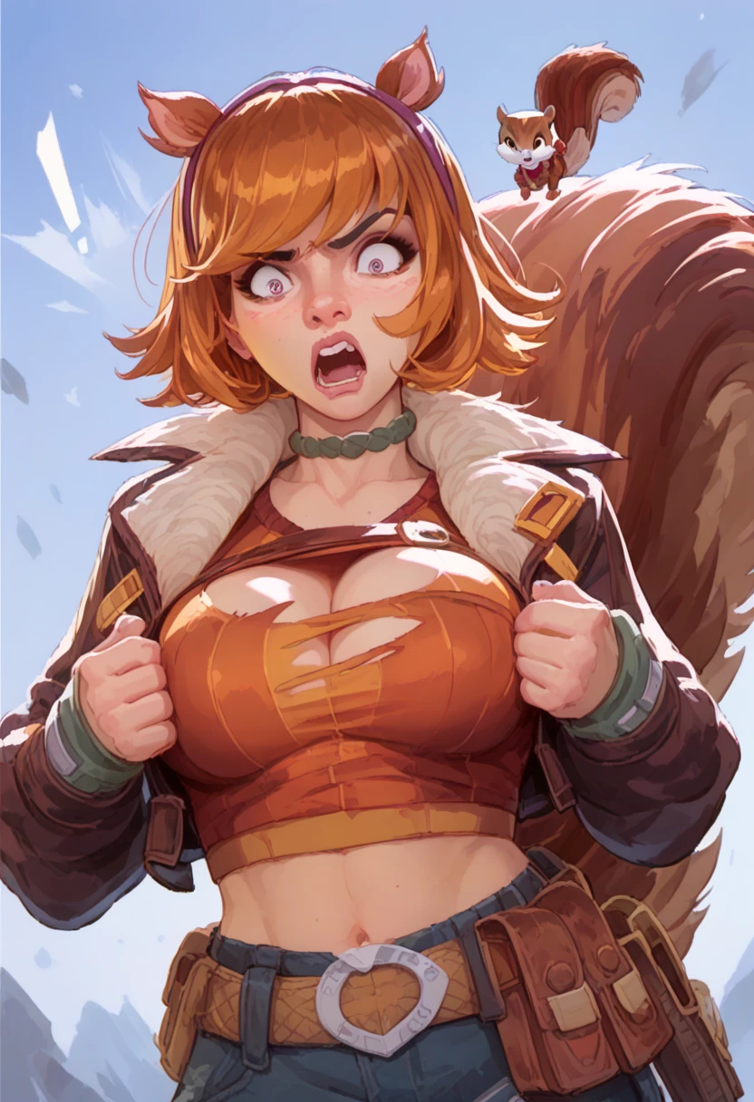 Marvel Rivals, Squirrel girl, shocked face, ripped top, cover breasts