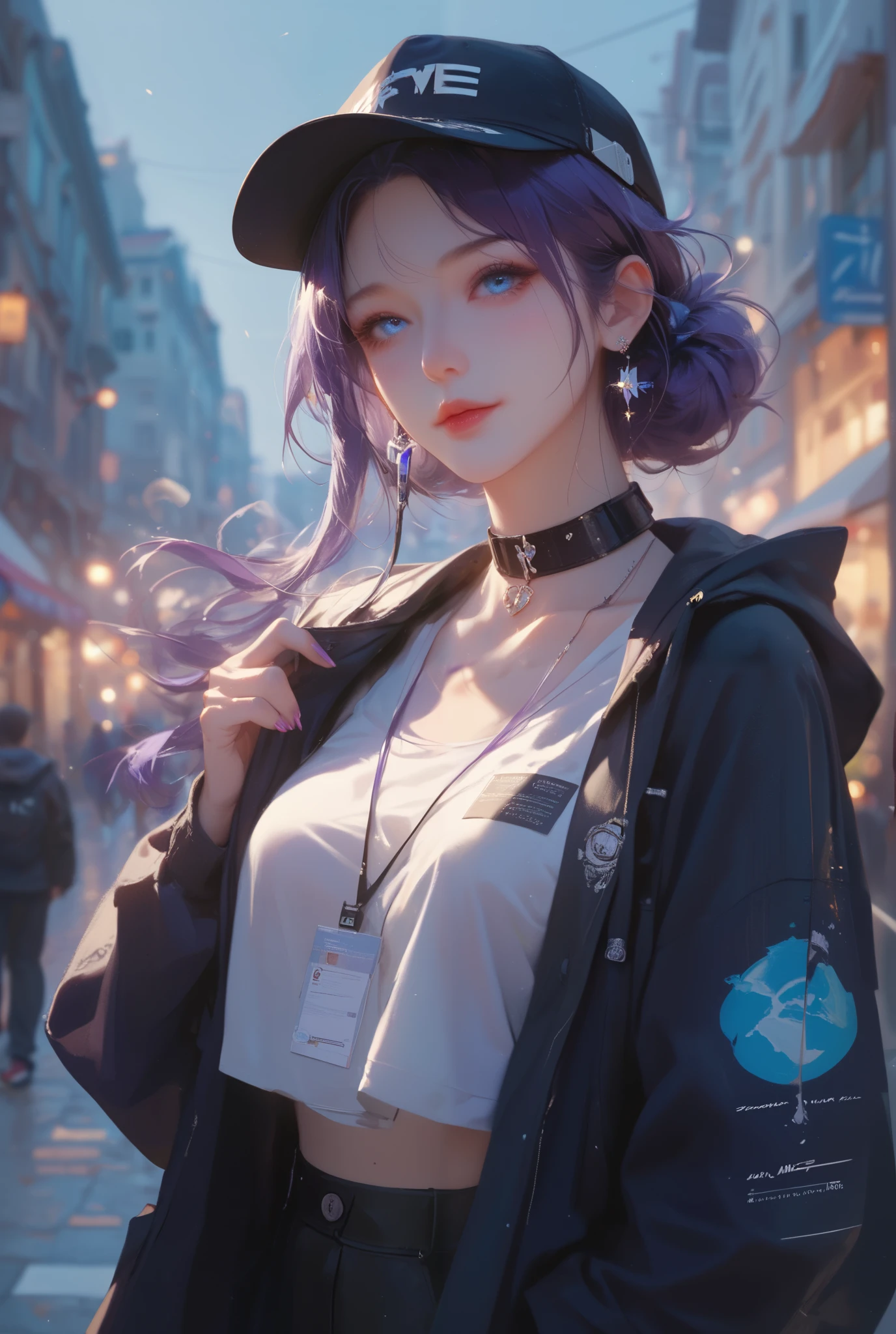(High Resolution, Masterpiece, Anatomically Correct, Best Quality, Illustration) Dynamic illustration of a beautiful 25-year-old woman with pale skin, long dark purple hair, and light blue eyes; she is wearing a black medical mask and has dark eye circles; she is wearing a black oversized hoodie and a black cap; she is standing in an urban background at NIGHT.