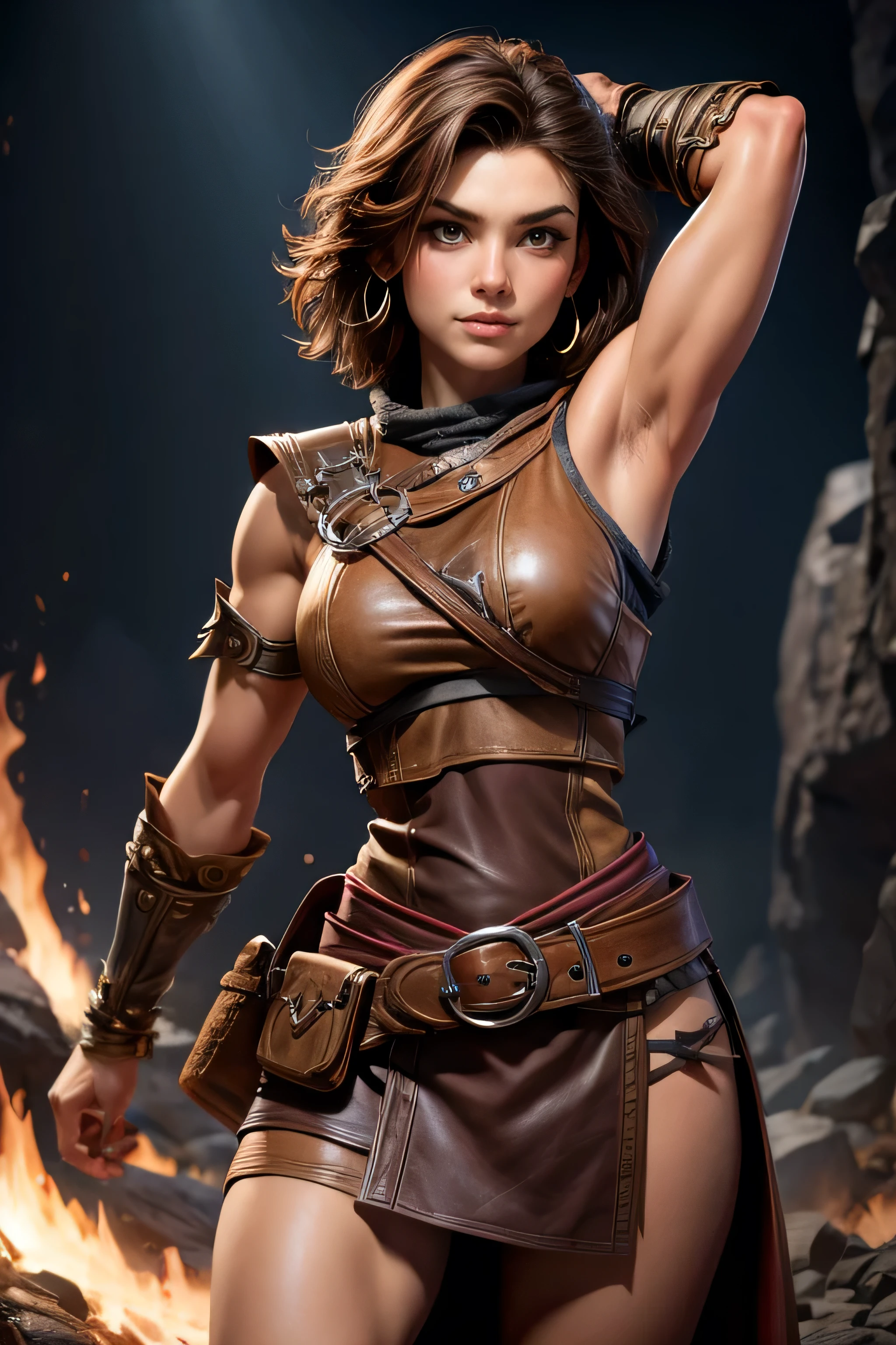 Nikita is a beautiful female assassin, short brown hair, in the style of Boris Vallejo, high detail sexy leather armor, high detail face, high detail skin, strong athletic body, muscle definition, (perfect proportions), Heavy Metal aesthetic, high fantasy background, high quality, masterpiece, realistic photo, intricately detailed, 8k, HDR, shallow depth of field, wide light, high contrast, backlight, light flares, sharp focus, RAW color photo, looking at the camera, cool colors, various poses