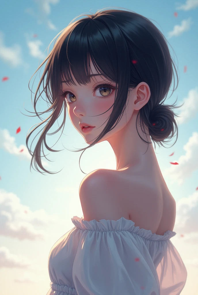 (best quality, masterpiece, ultra-realistic), 1 beautiful and delicate portrait of a girl, playful and cute, with floating petals in the background