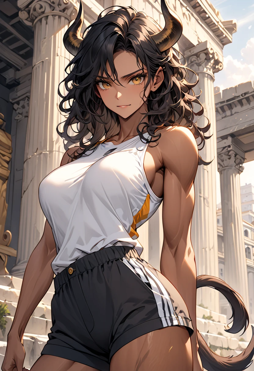 (masterpiece:1.2),(best quality:1.2),(masterpiece, best quality, ultra-high resolution), (1girl), Long, tangled brown hair, wild green eyes, tanned and muscular skin, clothing of animal skins, necklaces of teeth and bones, fierce gaze 
athletic and strong body