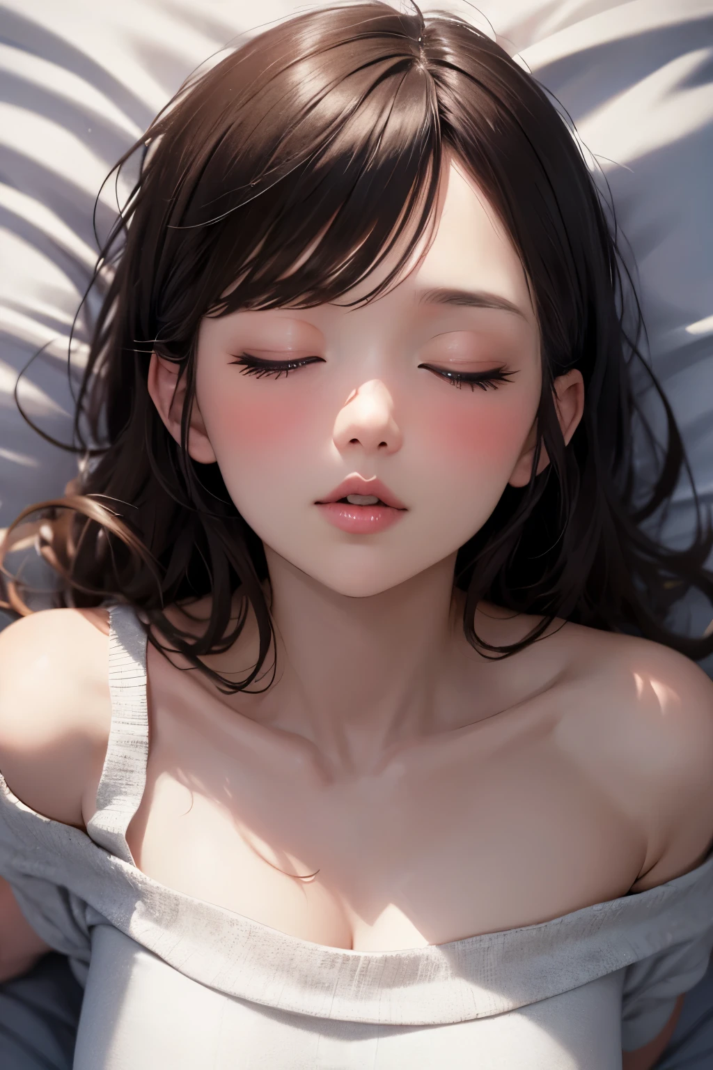 Sexy woman, eyes closed, mouth open, very deep blush, tip of the nose is red, long neck, off shoulder pink sweater, medium chest, visible cleavage, bedroom, warm lighting , lying on bed, head on pillow, facing up