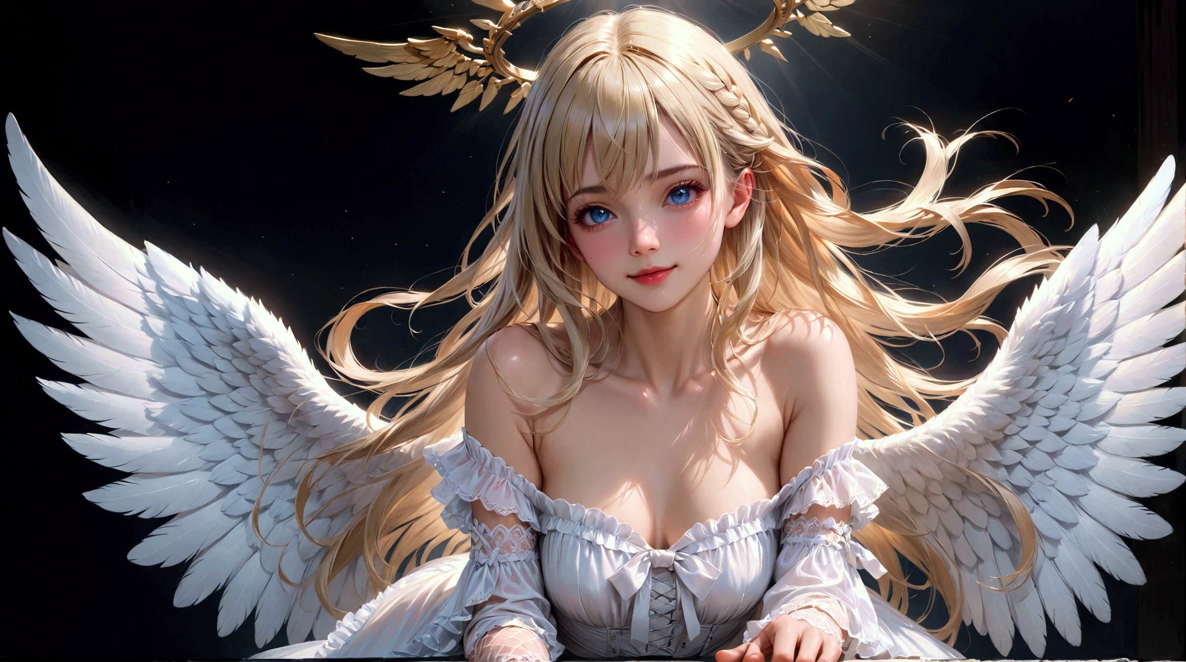 ultra realisitic、Wings of an Angel、fair skin、正面、a large breast、Official Art、The is erect、archangel、White and beautiful hair、White dress、skies、Detailed details、ultra res、necklac